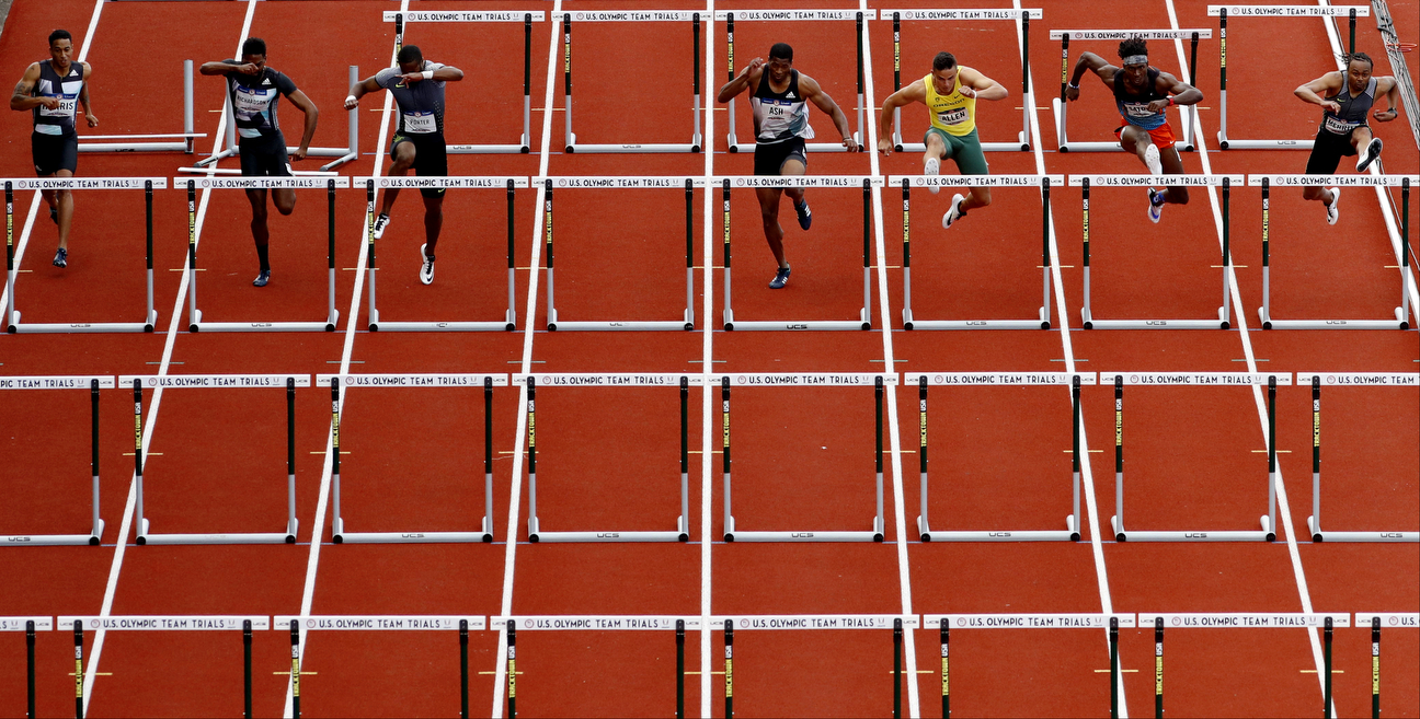 Merritt had the lead in the 110 final with just three hurdles left to the finish line.