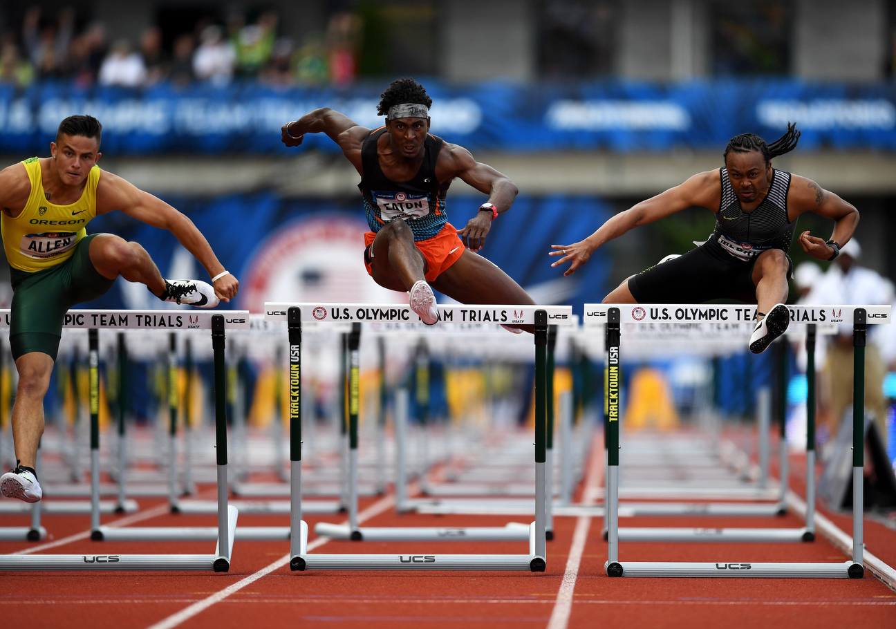 Leaping over the last hurdle, Merritt was behind Devon Allen and extremely close in the race to be among the next two finishers who would qualify for the Olympic team. The finish was so close that determining those qualifiers took an agonizing amount of time.