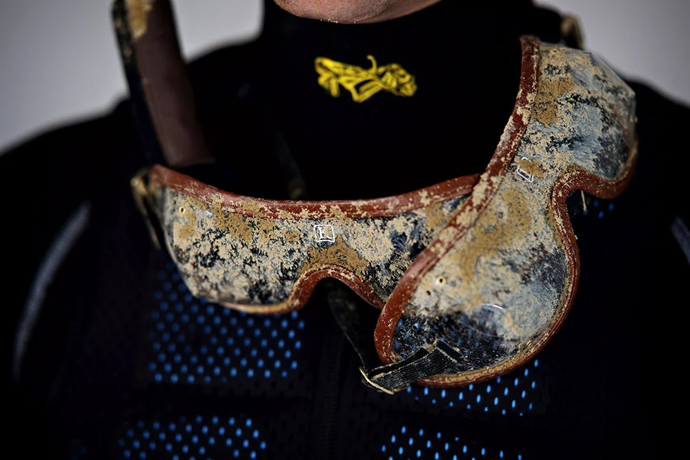 Detail of Hernandez's goggles at Churchill Downs on Tuesday. Jockeys typically wear multiple pairs of goggles and pull them off throughout the race as they get dirty.