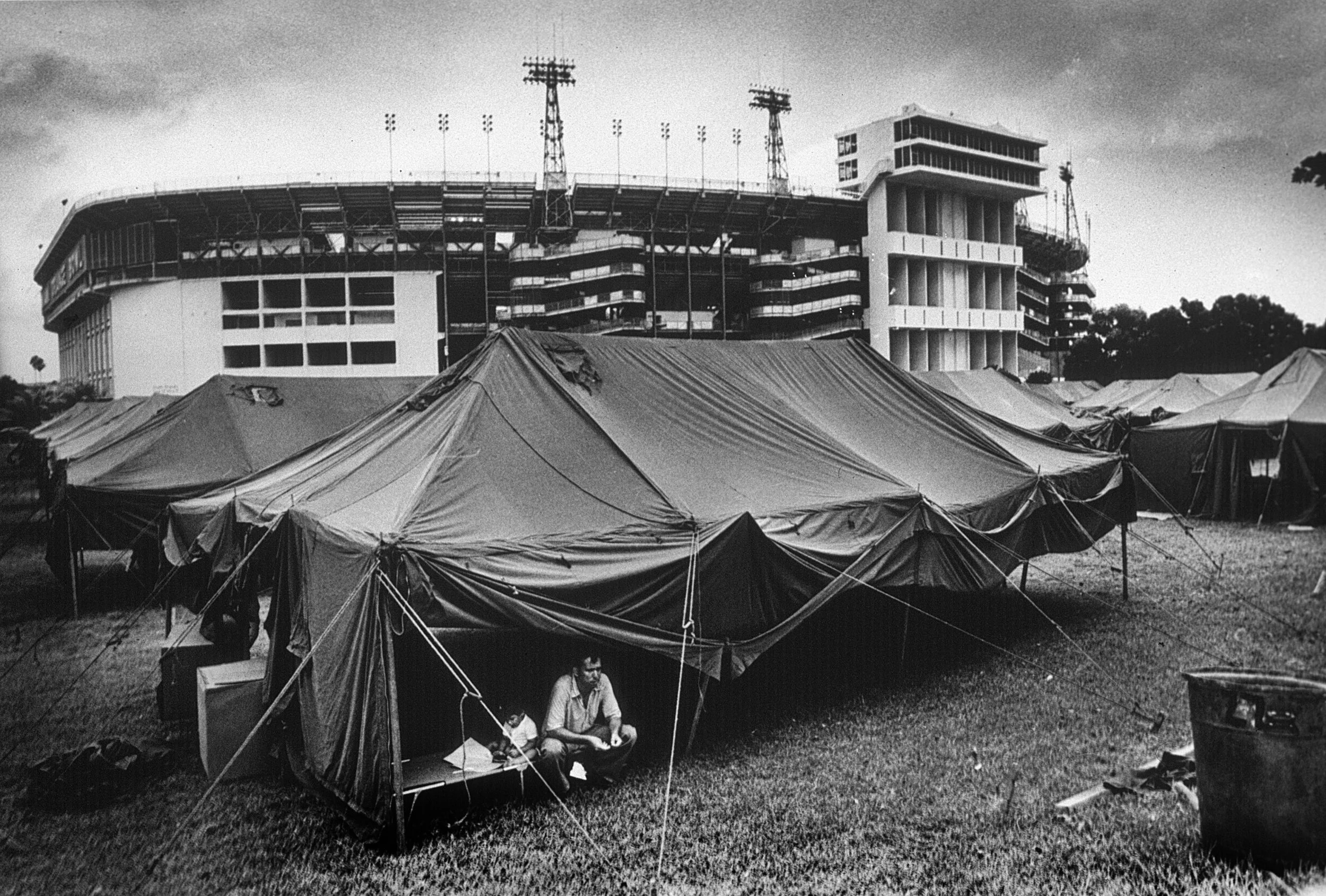  Cuban refugees. Tent city on the Orange Bowl grounds.  Miami, FL 1980 