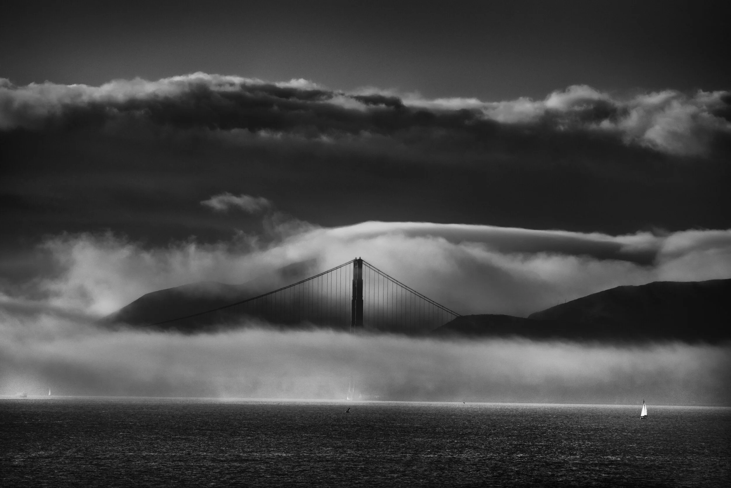  Golden Gate in Fog with Sailboat 
