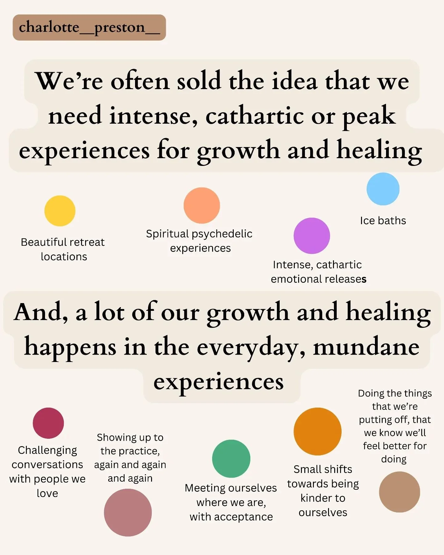 Reminder 💚

What do you think? 

I'm not dissing any of these practices, by the way. But I do know that big shifts can be found in small ways, in our everyday lives. And unlearning dependency on big, bold experiences can be challenging, but sometime