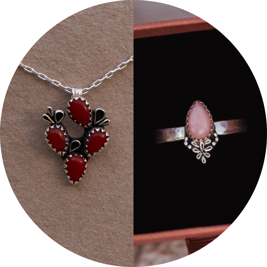 One ring and one necklace, one with four red coral stones arranged in a cactus design, and one with a pink opal stone, shown side by side in jewelry displays.
