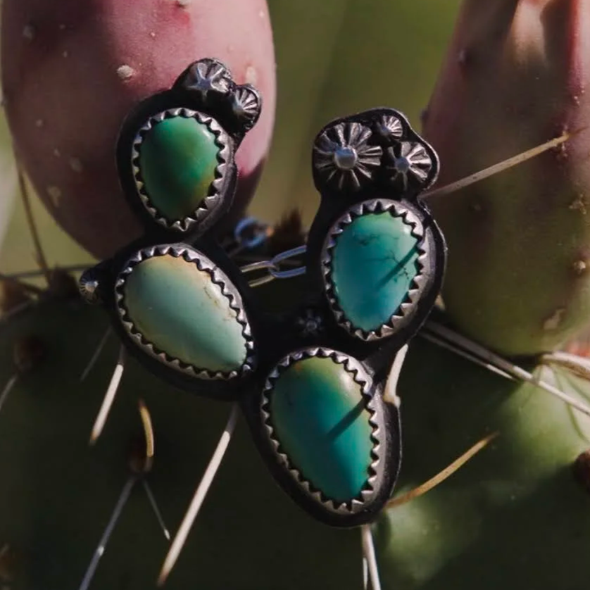 A cactus inspired necklace made with iron maiden turquoise stones set in sterling silver, placed on a cactus plant.