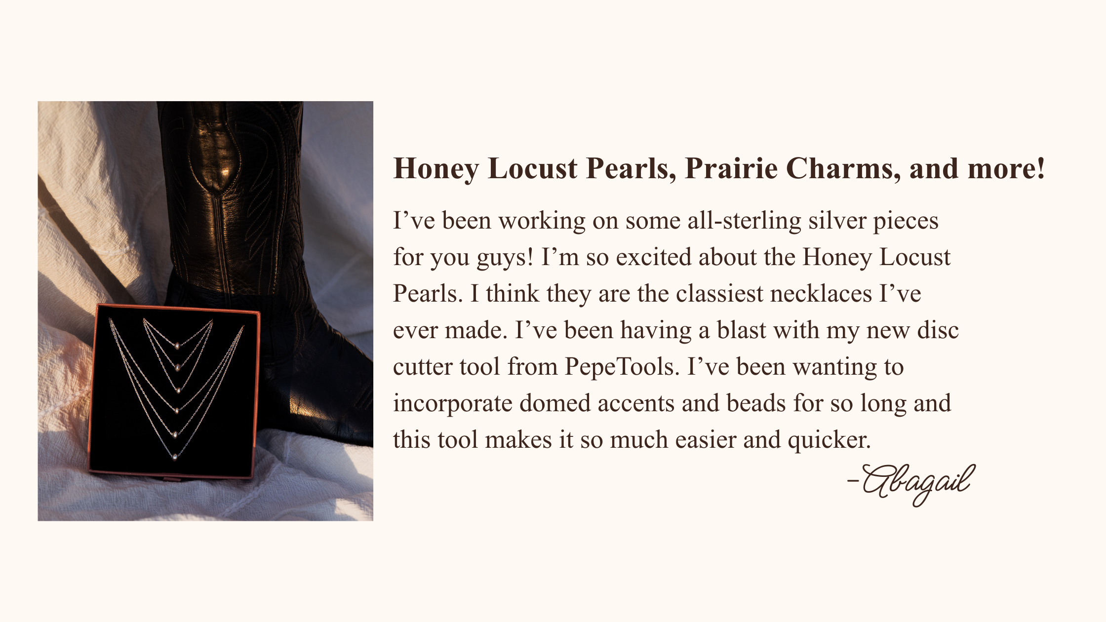 Handmade sterling silver bead necklaces in a jewelry box with a vintage black boot in the background.