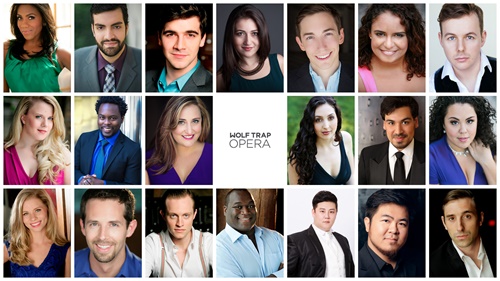Wolf Trap Opera Filene Young Artists 2016. Top row, left to right: J'Nai Bridges, Timothy Bruno, Ben Edquist, Mane Galoyan, Jonas Hacker, Summer Hassan, Alasdair Kent. Middle row: Sarah Larsen, Will Liverman, D'Ana Lombard, Clarissa Lyons, Richard Ollarsaba, Kerriann Otano. Bottom row: Amy Owens, Shea Owens, Brenton Ryan, Reginald Smith, Jr., Kihun Yoon, Yongzhao Yu, Christian Zaremba. Photo courtesy of Wolf Trap Opera.