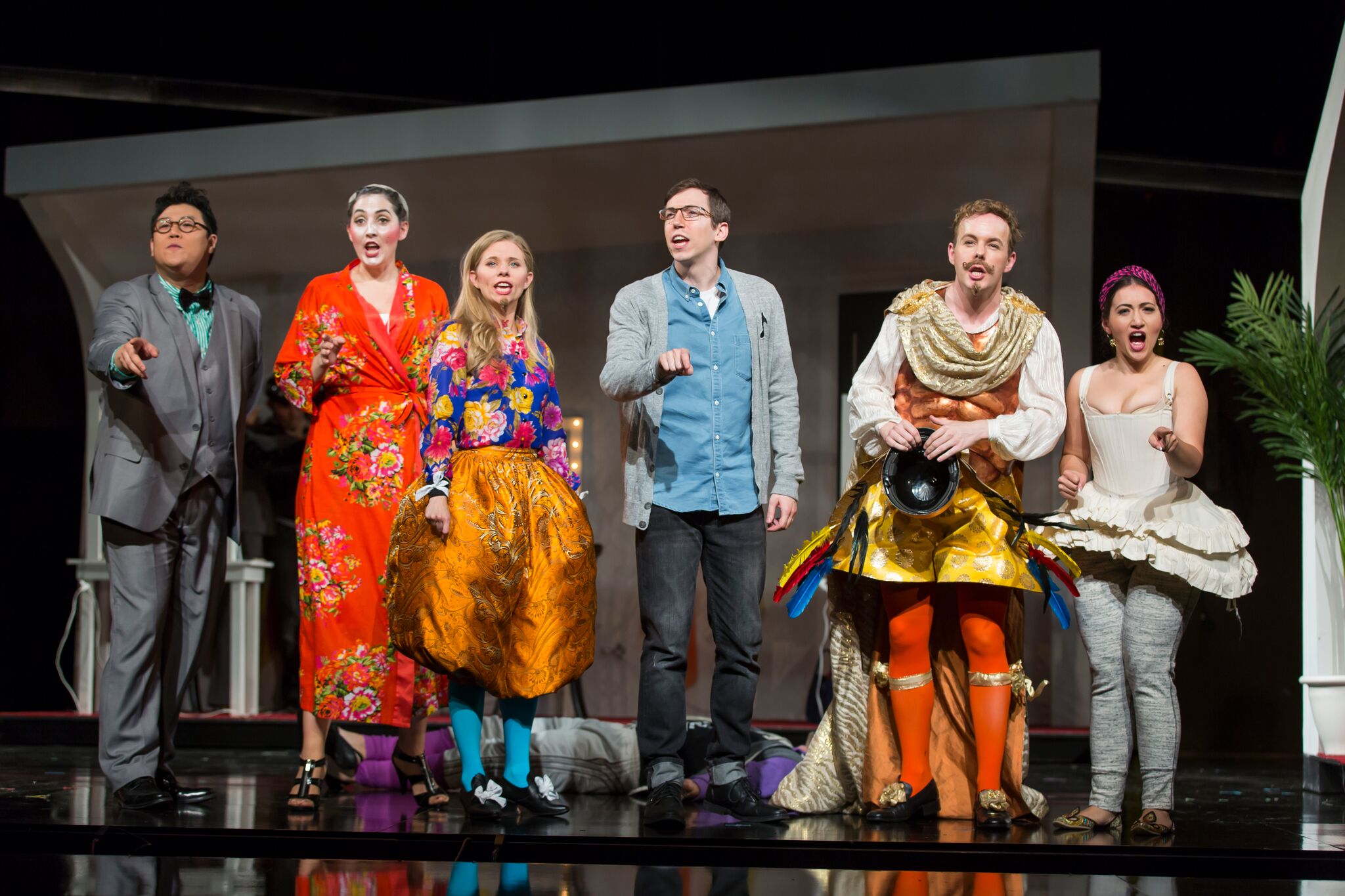 Kihun Yoon, Clarissa Lyons, Amy Owens, Jonas Hacker, Alastair Kent, and Mane Galoyan in L'Opera Seria.  Photo by Scott Suchman; courtesy of Wolf Trap Opera, 2016.