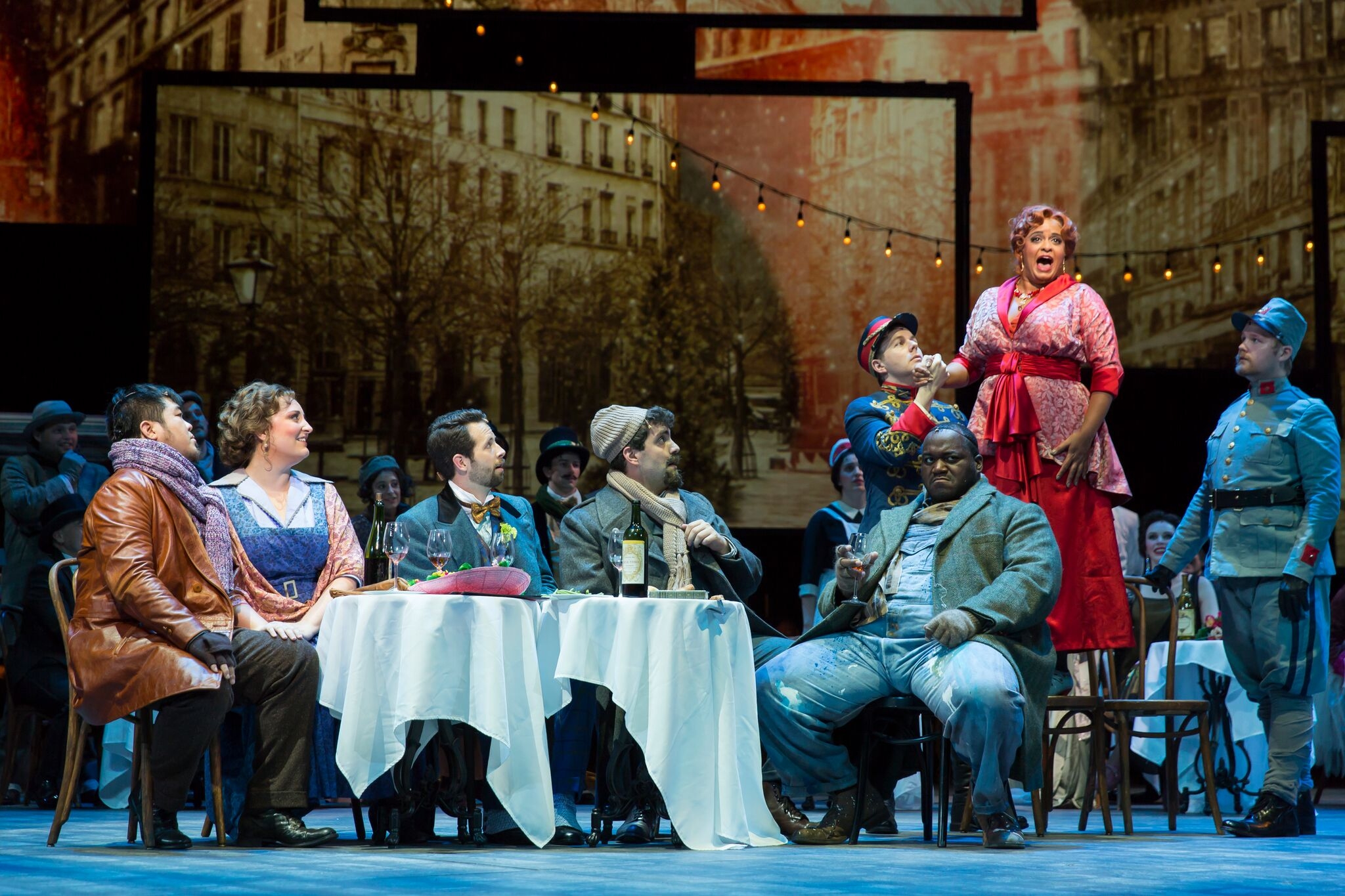 Yongshao Yu as Rudolfo; D'Ana Lombard as Mimi; Shea Owens as Schaunard; Timothy Bruno as Colline; Reginald Smith, Jr. as Marcello; Summer Hassan as Musetta; photo by Scott Suchman; courtesy of Wolf Trap Opera 2016.