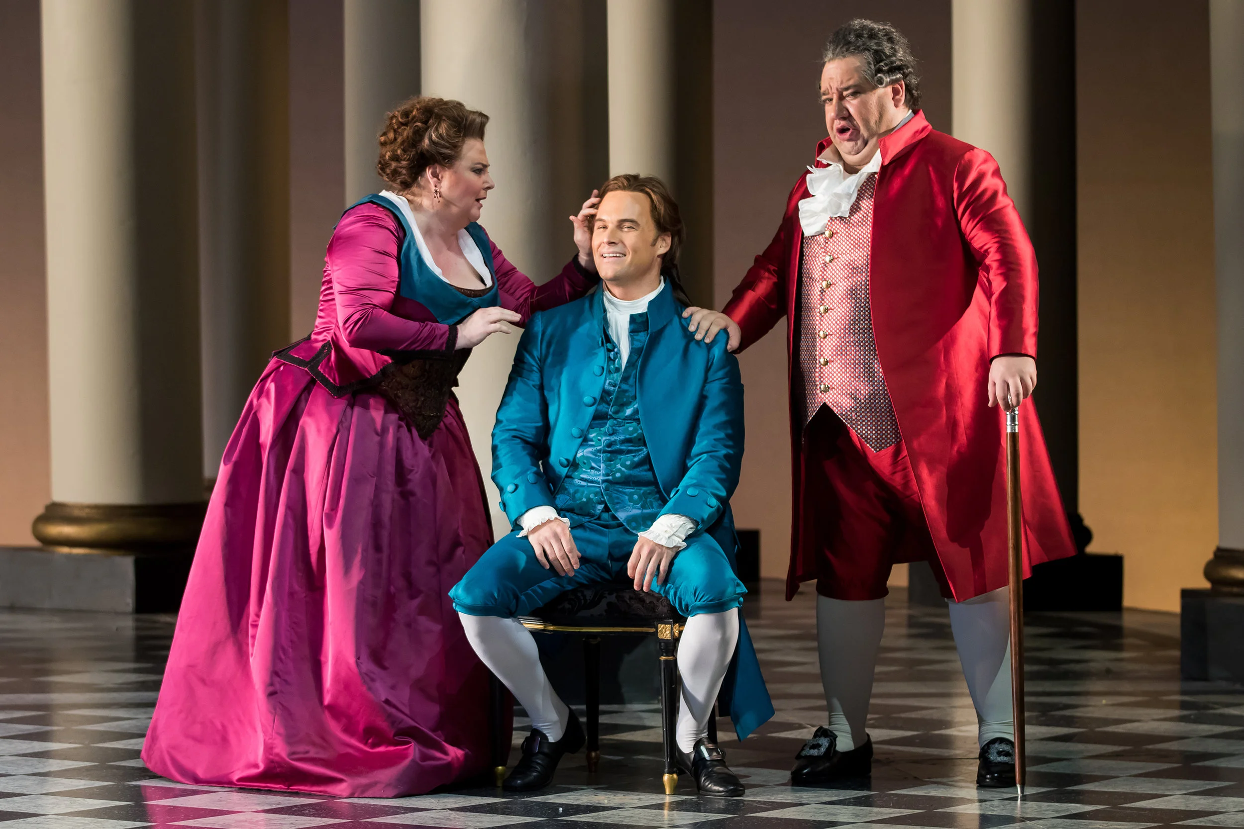 Elizabeth Bishop as Marcellina, Ryan McKinny as Figaro, and Valeriano Lanchas as Dr. Bartolo. Photo by Scott Suchman for WNO; photo courtesy of WNO.