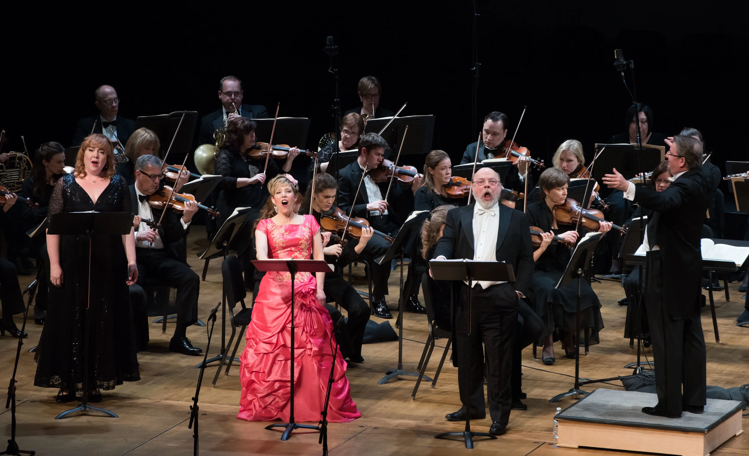 Marjorie Owens as Leonore, Celena Shafer as Marzelline, Eric Halfvorsan as Rocco, and conductor Antony Walker. Photo by Don Lassell and courtesy of Washington Concert Opera.