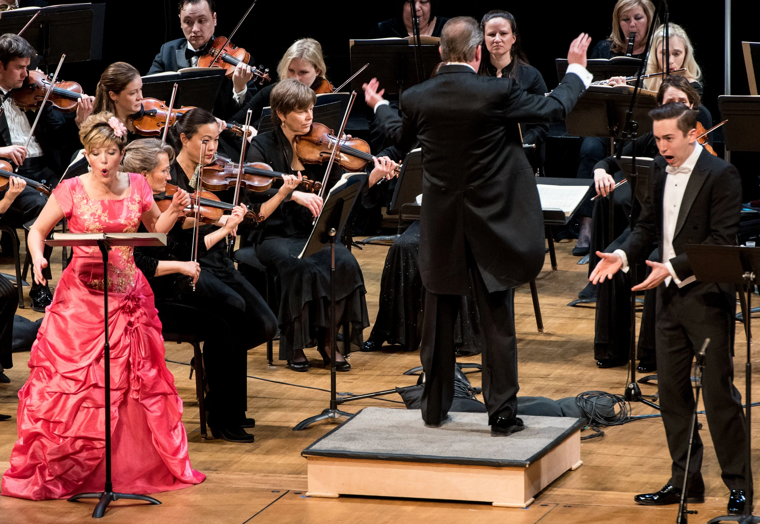 Jonas Hacker playing Jaquino makes his case as a suitor to Celena Shafer playing Marzelline. Photo by Don Lassell and courtesy of Washington Concert Opera.