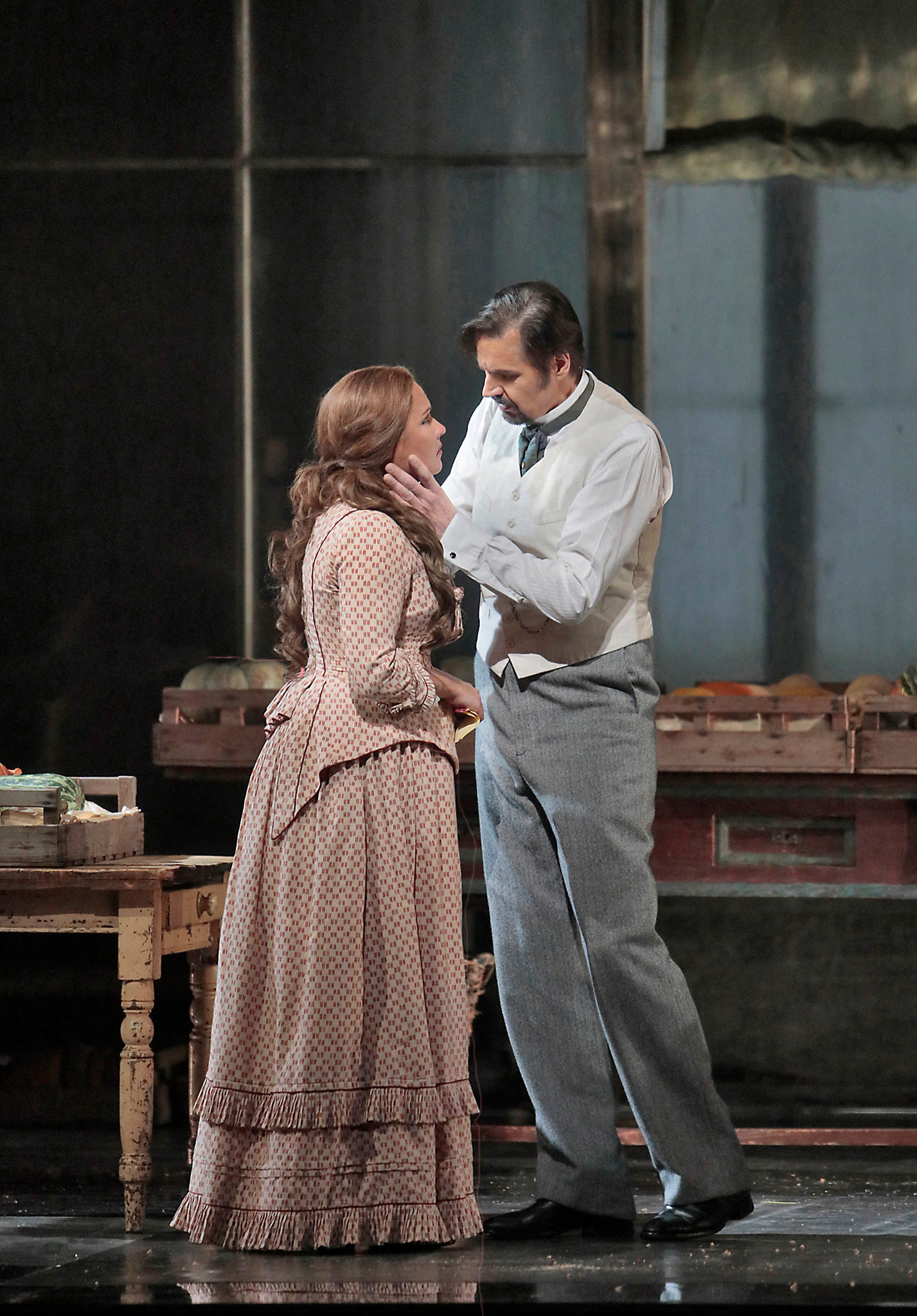 Anna Netrebko as Tatiana and Peter Mattei as Onegin discussing her letter. Photo by Ken Howard; courtesy of the Metropolitan Opera.