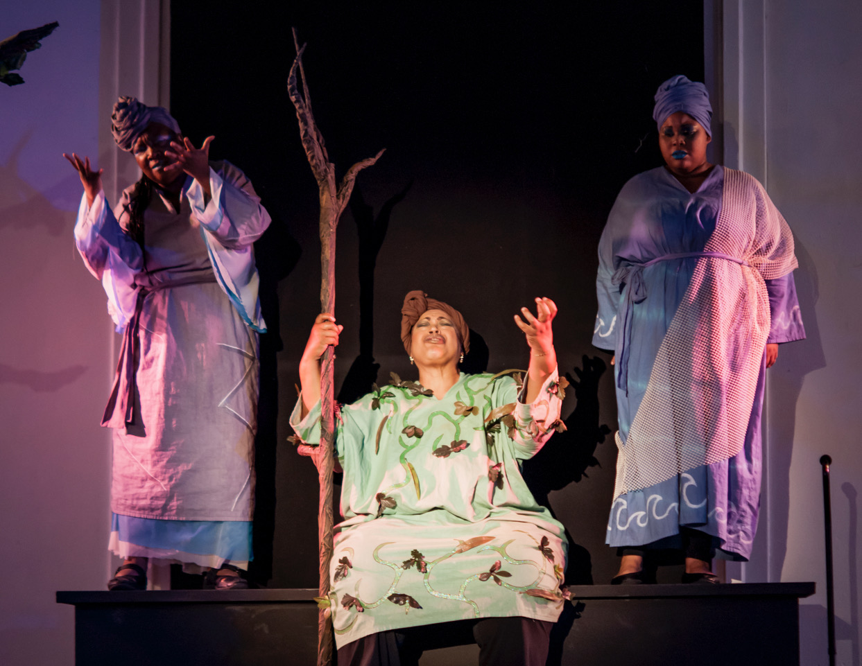 A Gathering of Suns - The Spirits of the Sky, the Earth, and the Waters mourn the loss of Victor. (l-r) Charlene Canty (The Sky That Can’t Stop Seeing), Demareus Cooper (The Speaking Earth), and Michele Renee Williams (The Waters). Photo by Patti Brahim; courtesy of the Pittsburgh Festival Opera.