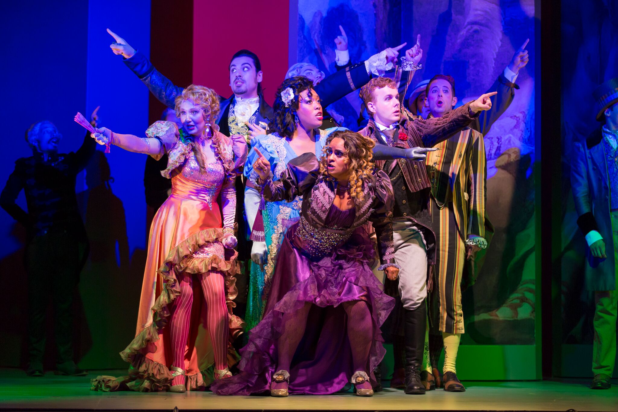 A rehearsal cast photo for The Touchstone; not previously shown, far left, is Megan Mikailovna Samarin as Baroness Asplasia. Photo by Scott Suchman and courtesy of Wolf Trap Opera.