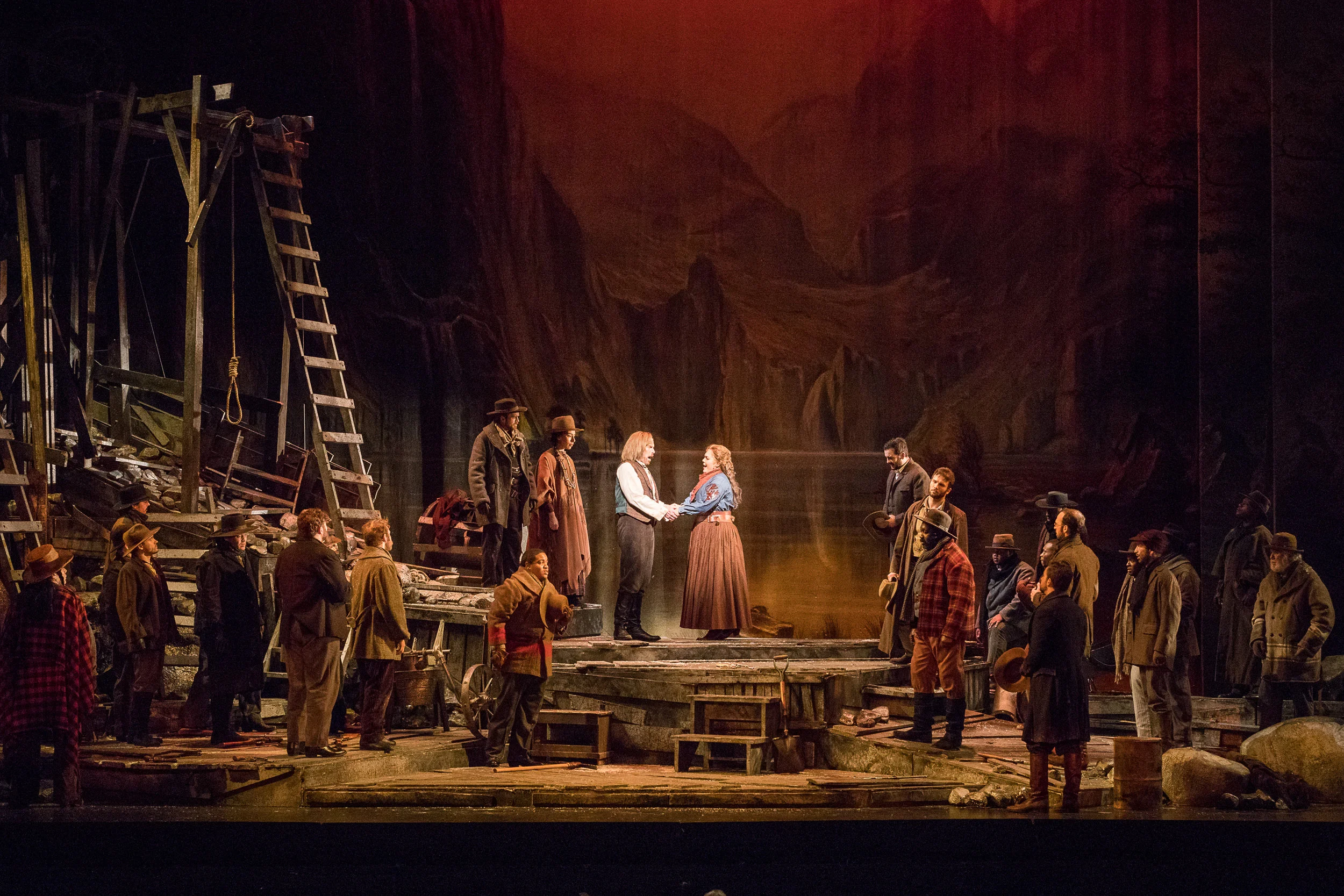 The miners have given their blessing to Minnie and Ramirez. Photo by Ben Schill Photography; courtesy of Virginia Opera.