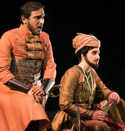 (l.to r.) Asitha Tennekoon as Polidoro and Allegra De Vita (a girl) as Tancredi in Erminia . Rehearsal photo by Louis Forget; courtesy of Opera Lafayette.