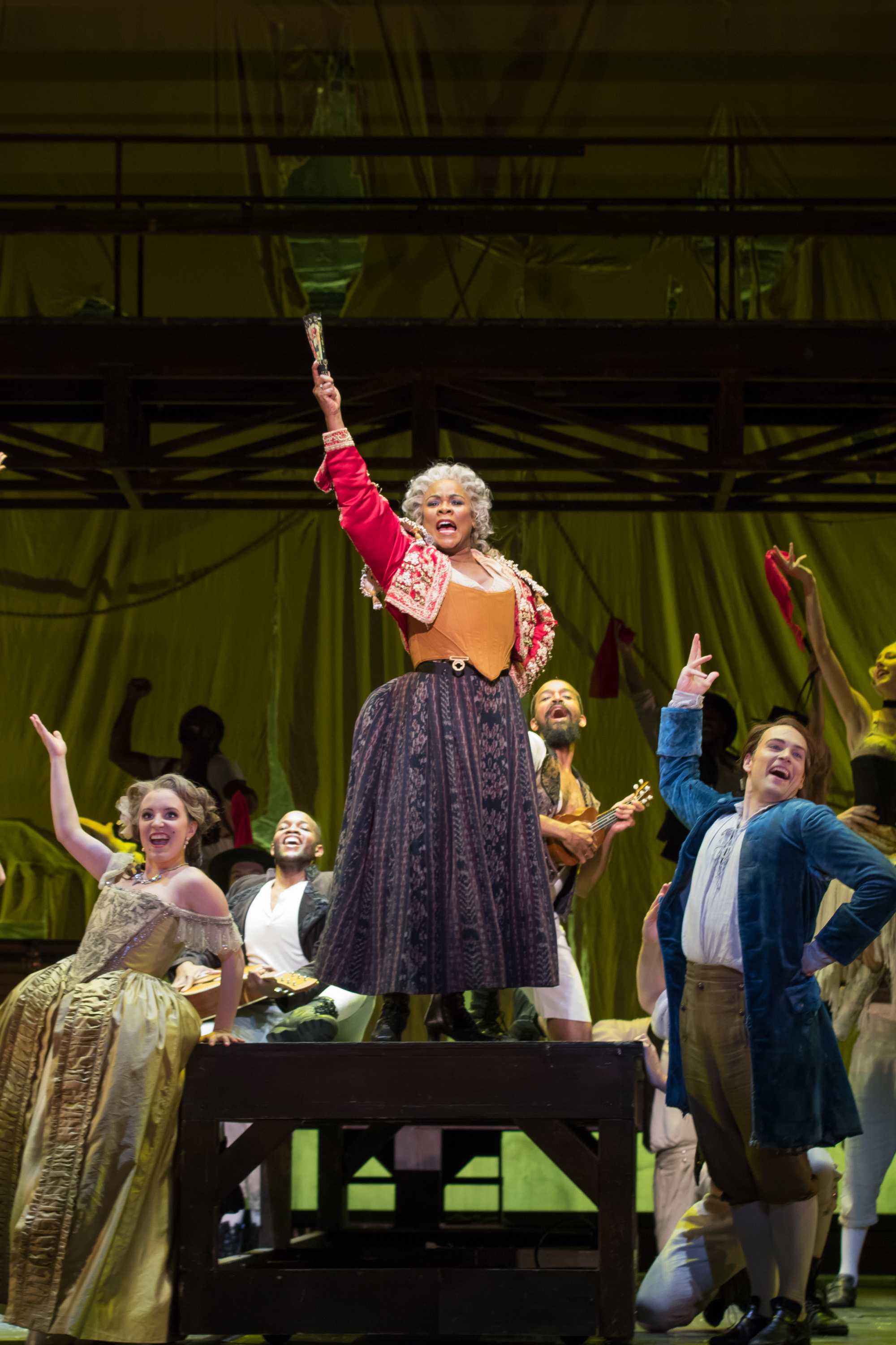 Soprano Emily Pogorelc (Cunegonde), Mezzo-Soprano Denyce Graves (The Old Lady) and Tenor Alek Shrader (Candide) in WNO's production of Candide_credit Scott Suchman.JPG