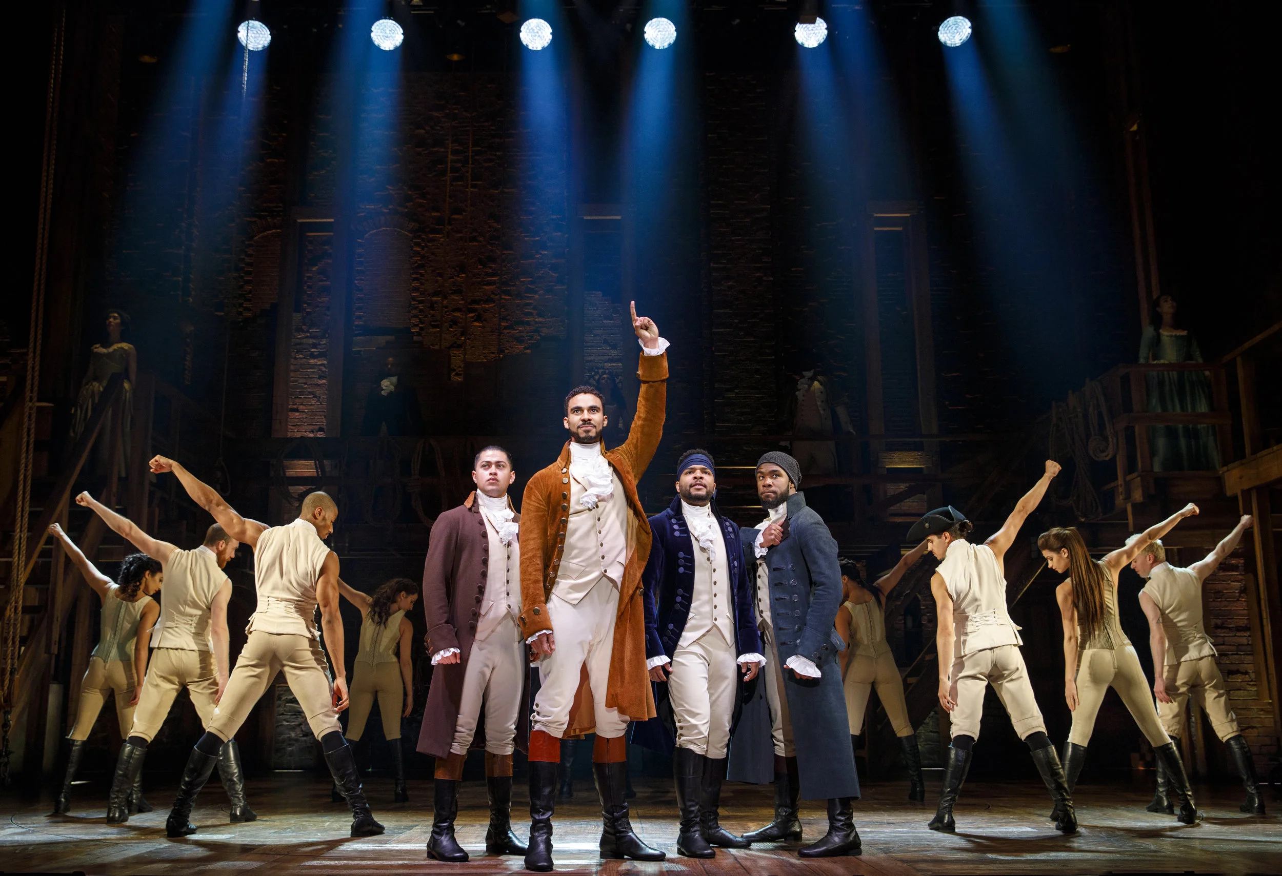 Laurens (Reuben J. Carbajal), Hamilton (Austin Scott), Lafayette (Bryson Bruce), Mulligan (Chaundre Hall-Bromfield) and Company - HAMILTON National Tour. Photo by Joan Marcus; courtesy of the Kennedy Center.