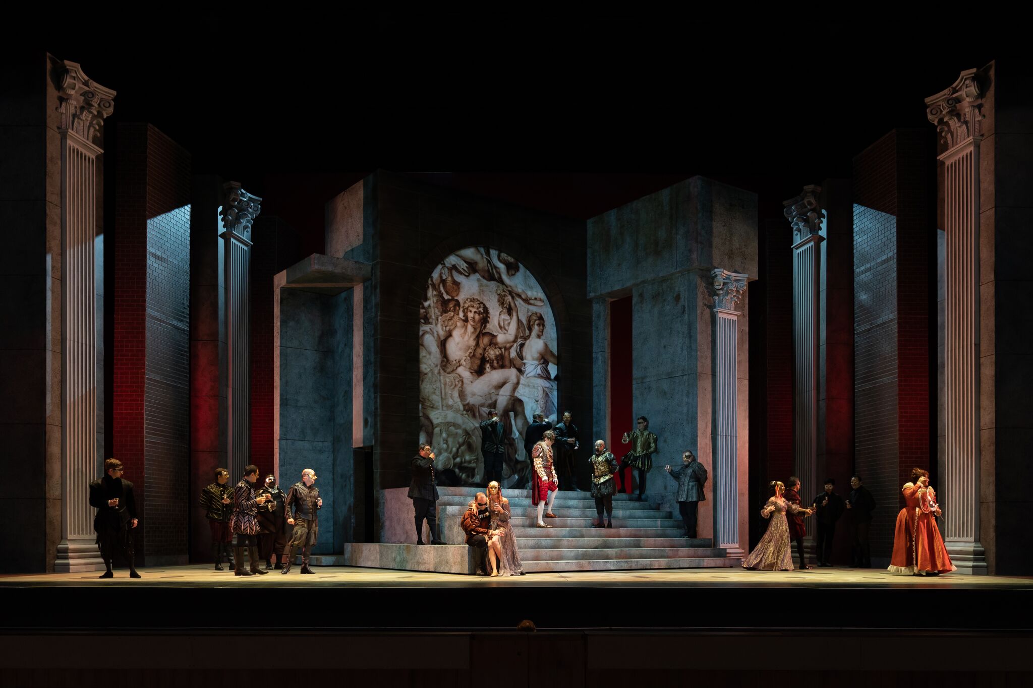 Opening set and cast for Rigoletto . Photo by Scott Suchman; courtesy of Wolf Trap Opera.
