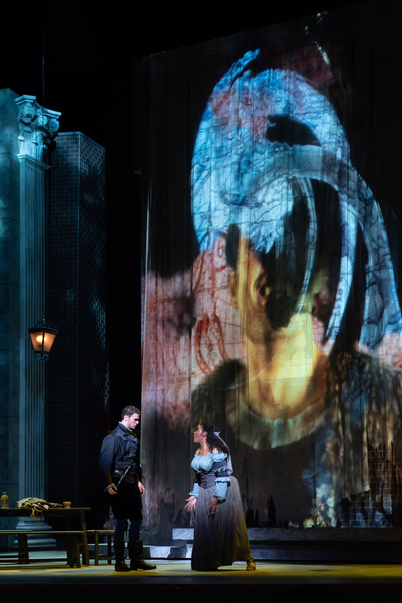 Patrick Guetti as Sparafucile and Zoie Reams as Maddalena as she pleads for the Duke's life. Photos by Scott Suchman; courtesy of Wolf Trap Opera.