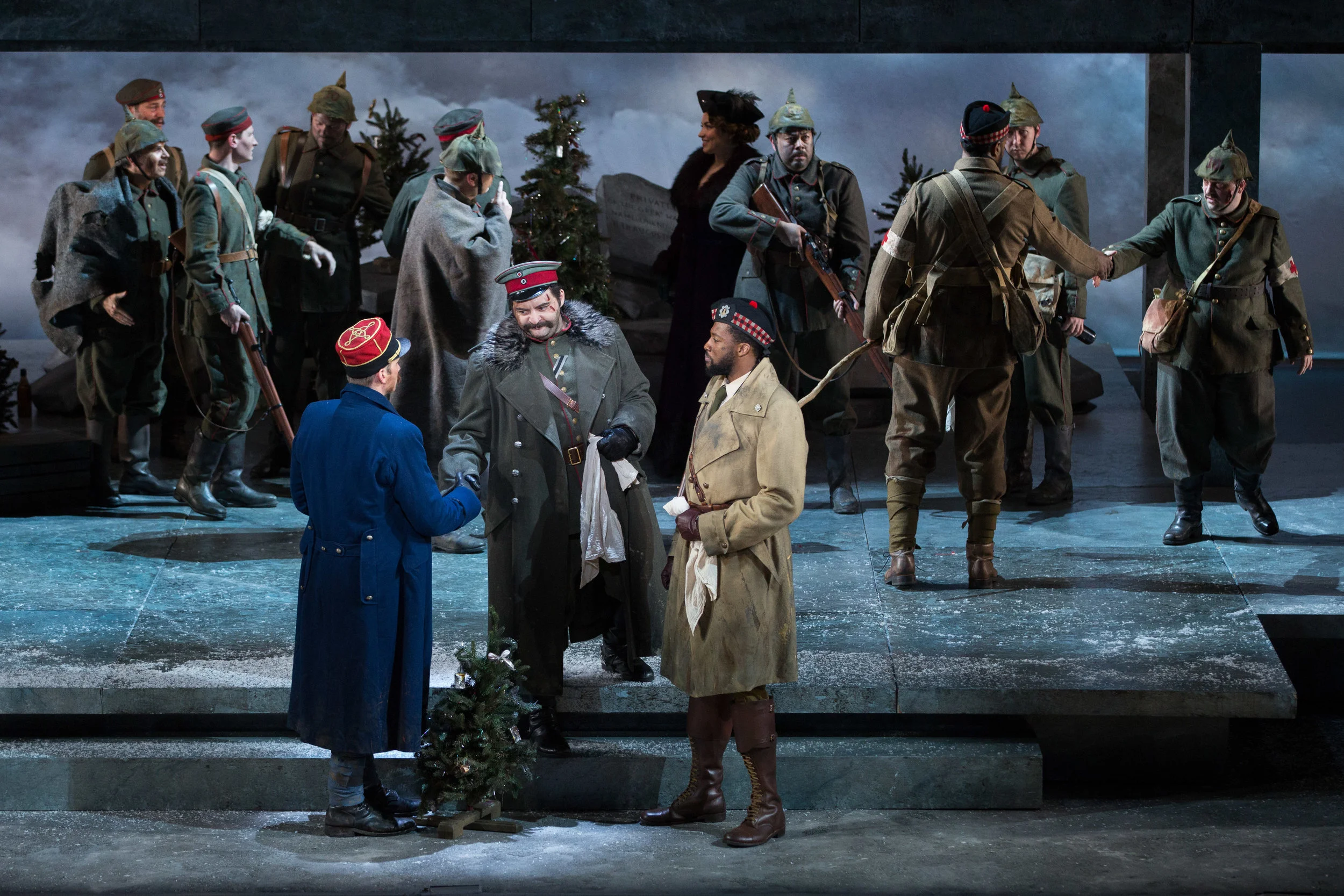 Lt. Audebert played by Michael Adams, Lt. Horstmayer played by Alexsey Bogdanov, and Lt. Gordon played by Norman Garrett negotiating the truce. Photo by Teresa Wood; courtesy of Washington National Opera.