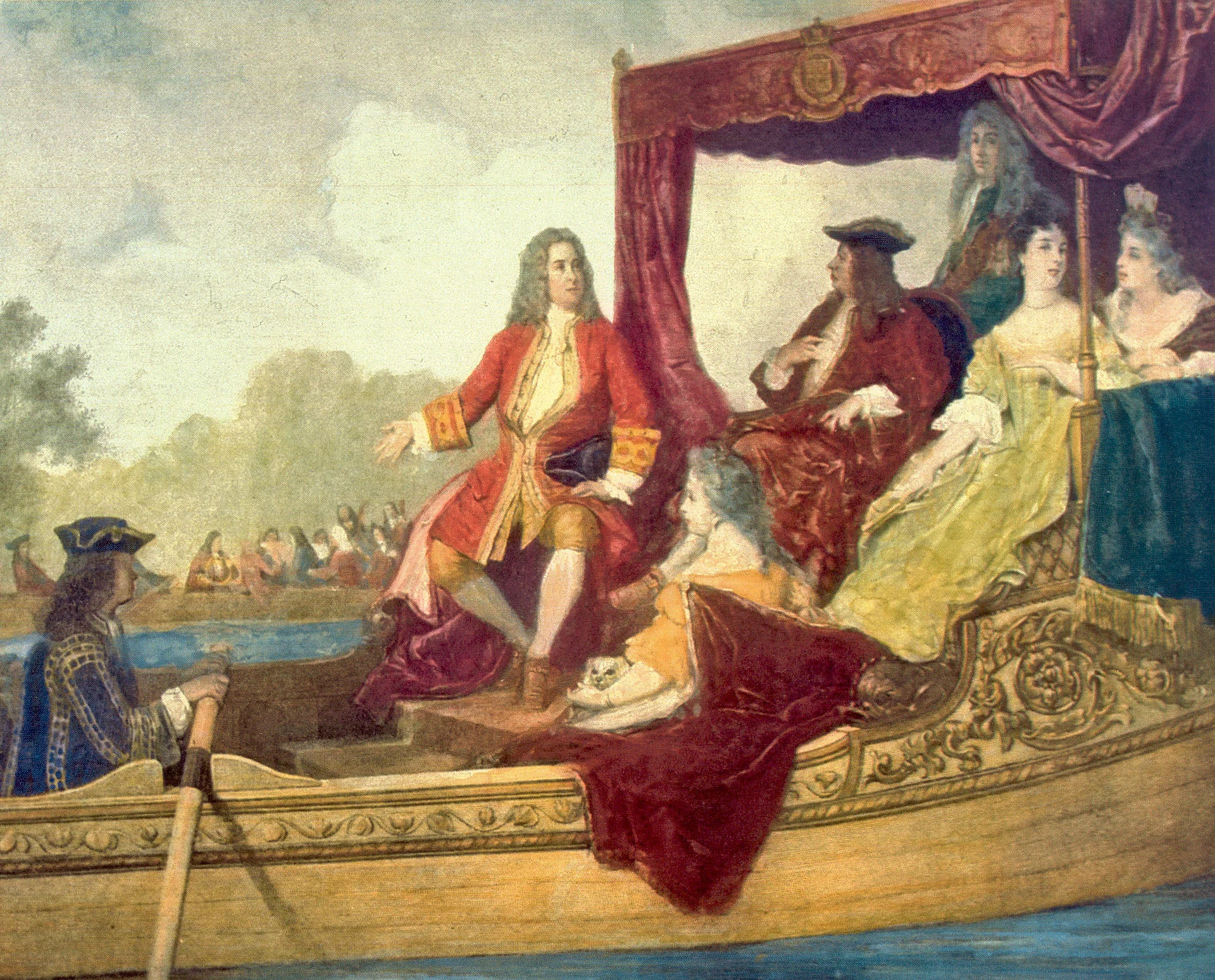 Handel (centre) and King George I on the River Thames, 17 July 1717, by Edouard Hamman (1819–88); image in public domain, copied from Wikipedia .