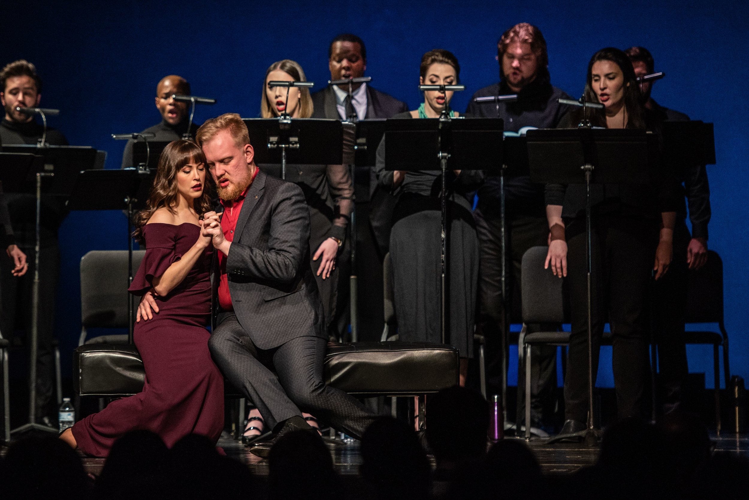Seated are the lovers, Iseut played by Shannon Jennings and Tristan played by Ian Koziara, unable to resist the effect of the potion. Photo by Angelina Namkung for Wolf Trap; courtesy of Washington Concert Opera and Wolf Trap Opera.