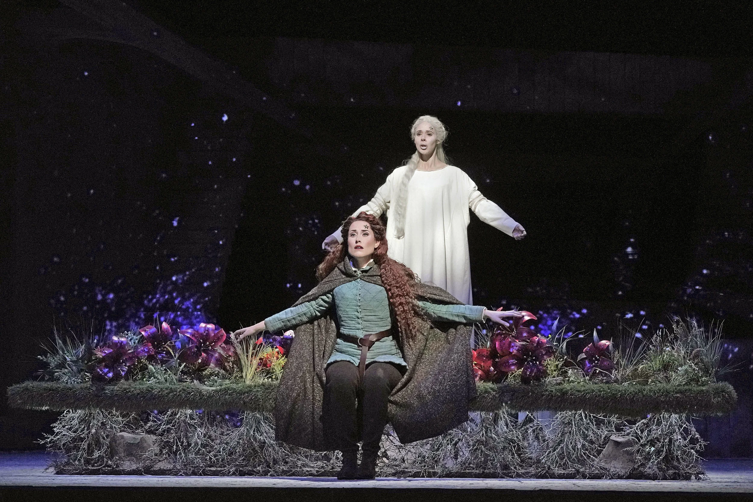 Princess Lyra (Jessica E. Jones) is visited by the ghost of Queen Gertrude (Tamara Mumford). Photo by Ken Howard; courtesy of Santa Fe Opera.