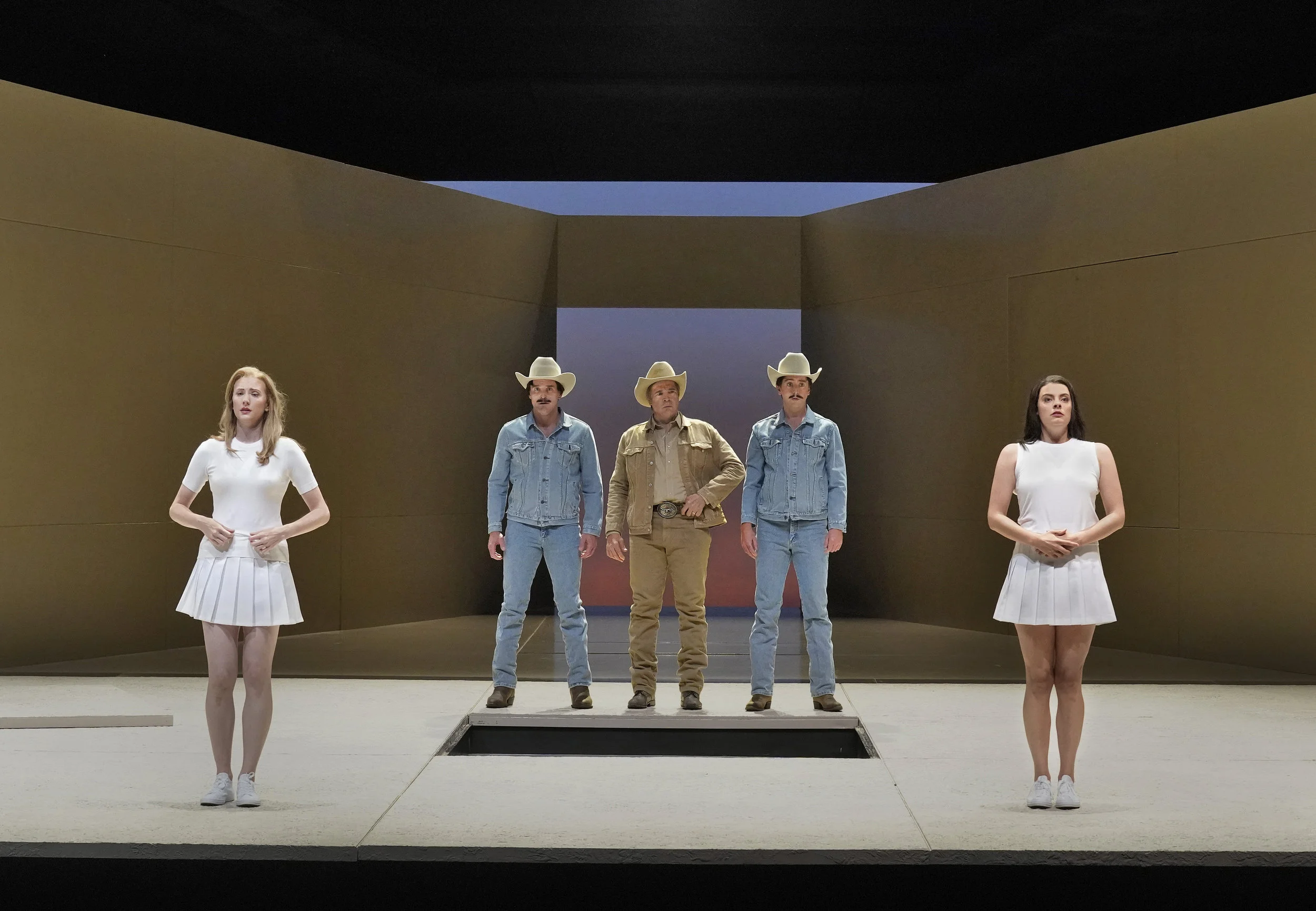 l to r : Fiordiligi (Amanda Majeski), Guglielmo (Jarrett Ott), Don Alfonso (Rod Gilfry), Ferrando (Ben Bliss), and Dorabella (Emily D’Angelo). Photo by Ken Howard; courtesy of Santa Fe Opera.