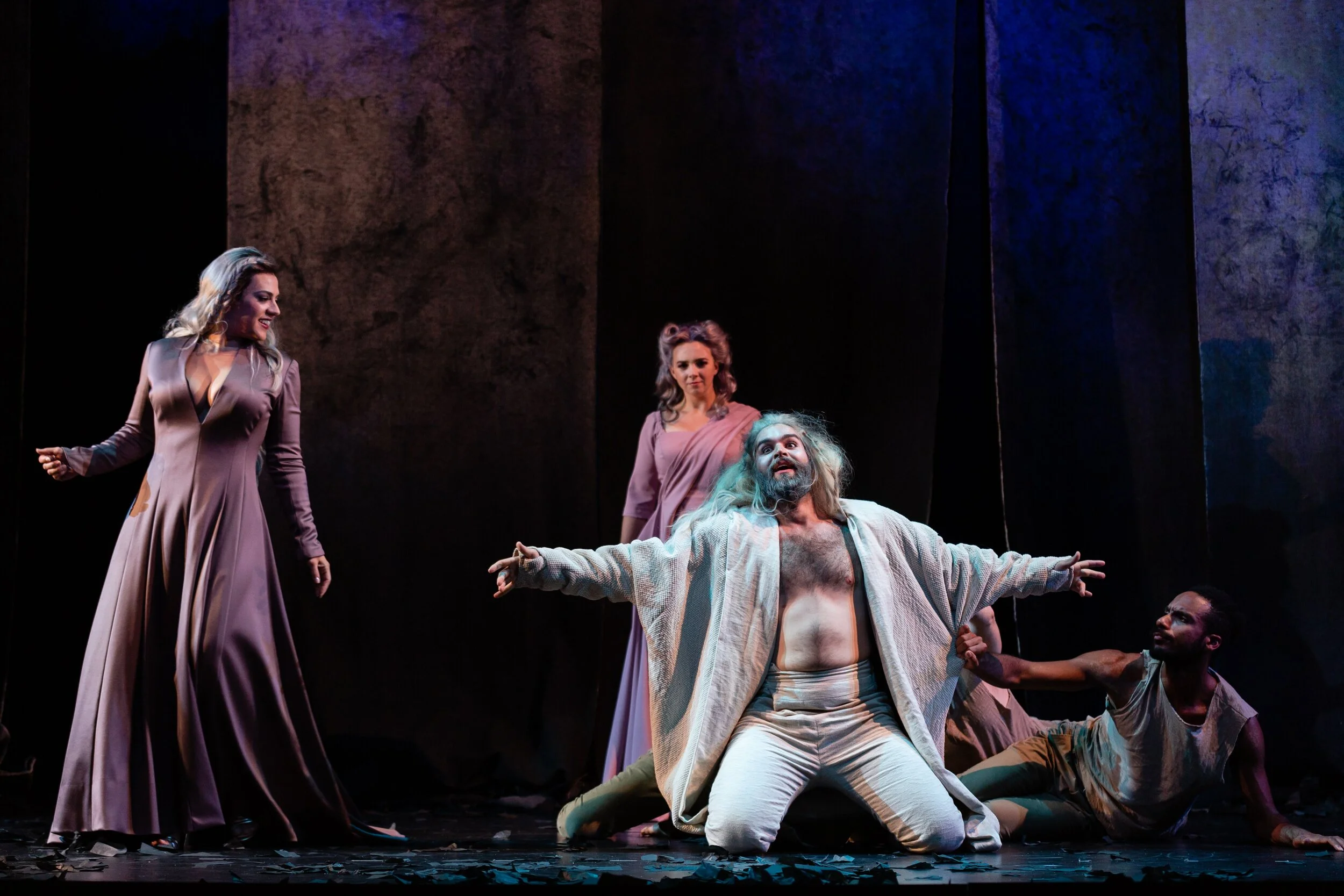 Daniela Mack as Juno, Sarah Shafer as Iris, and Alex Rosen as Somnus. Photo by Dominic M. Mercier; courtesy of Opera Philadelphia.
