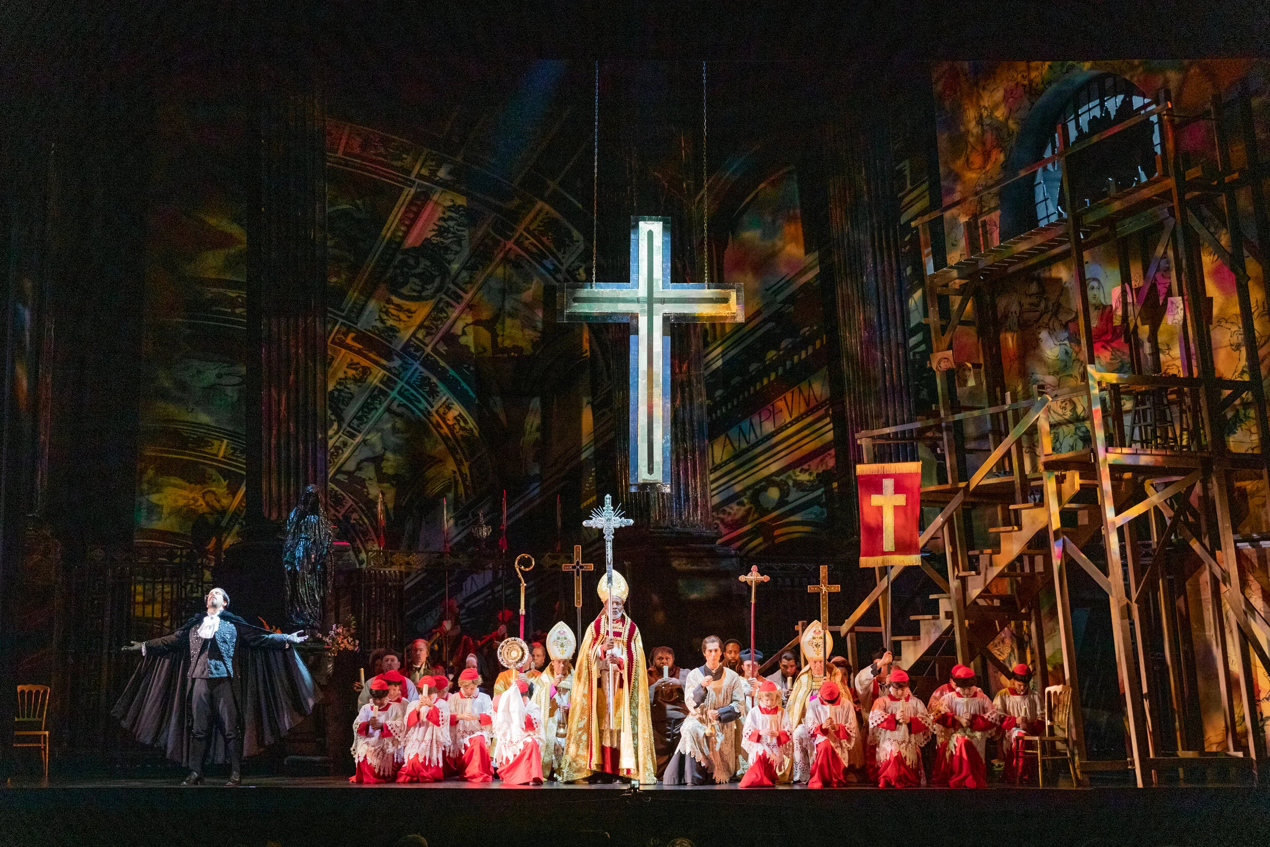 Kyle Albertson as Baron Scarpia and cast in the Te Deum scene closing Act I of Tosca . Photo by Ben Schill Photography; courtesy of Virginia Opera.