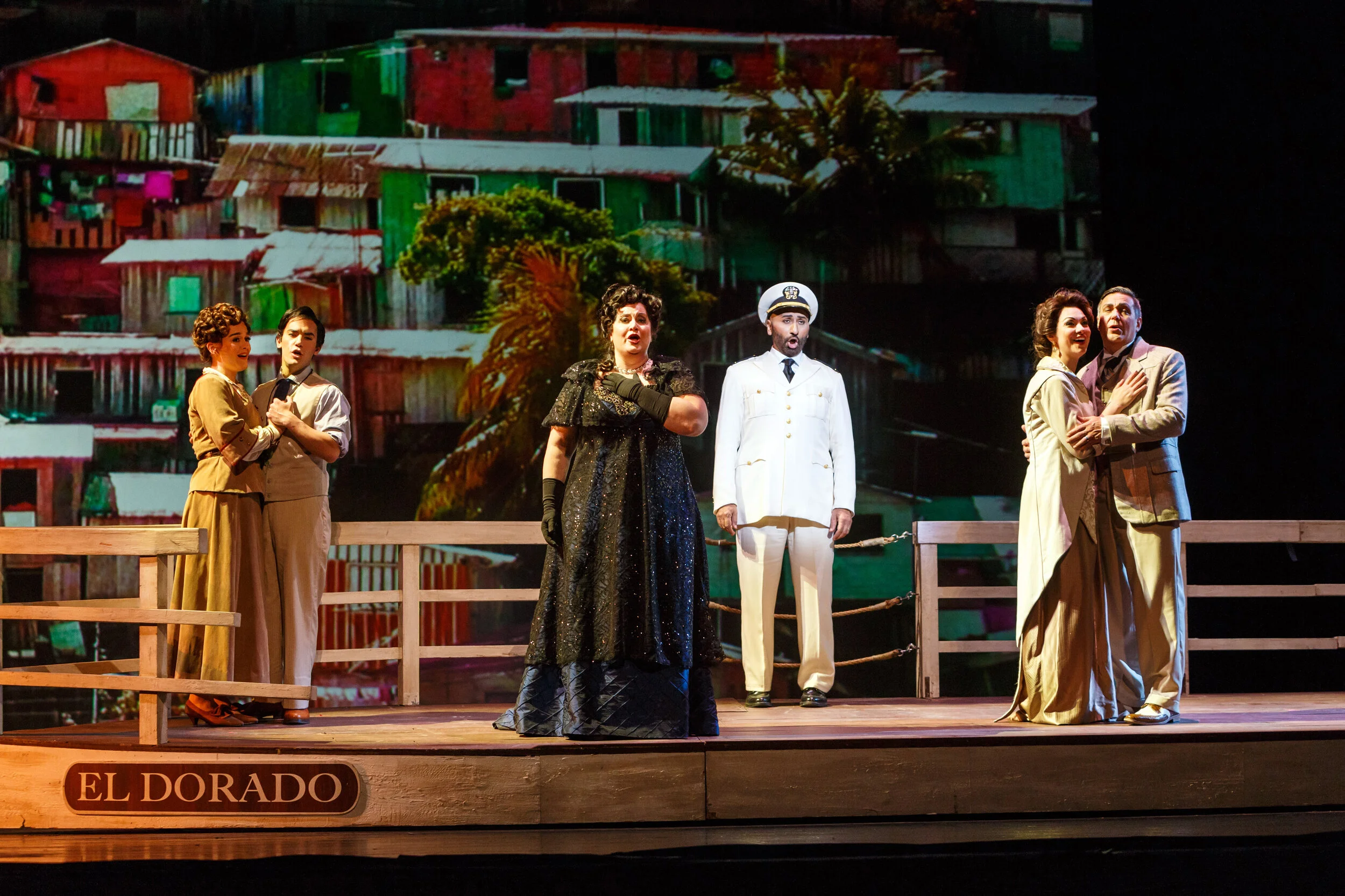 l to r : Rosalba (Natasha Wilson), Arcadio (Andres Acosta), Florencia (Alexandra Loutsion), Capitán (Ashraf Sewailam), Paula (Sandra Piques Eddy), and Alvaro (Nathan Gunn) learn they cannot depart at the port because cholera is raging. Photo by David Bachman Photography; courtesy of Pittsburgh Opera.
