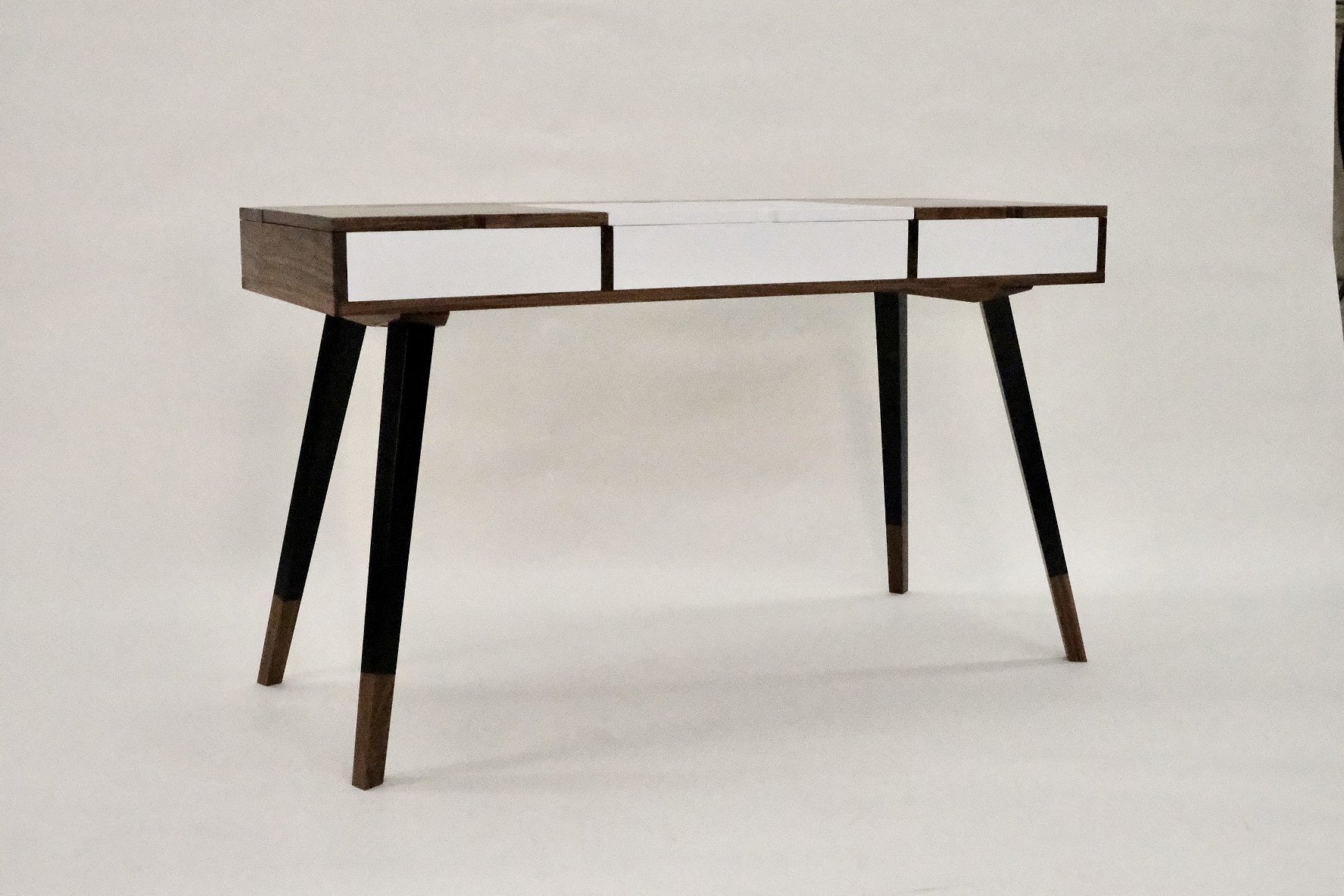 Mid-Century style desk in solid walnut with white and black hightlights