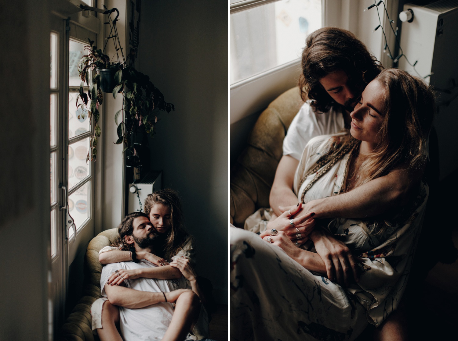 Couple lying together on couch next to window