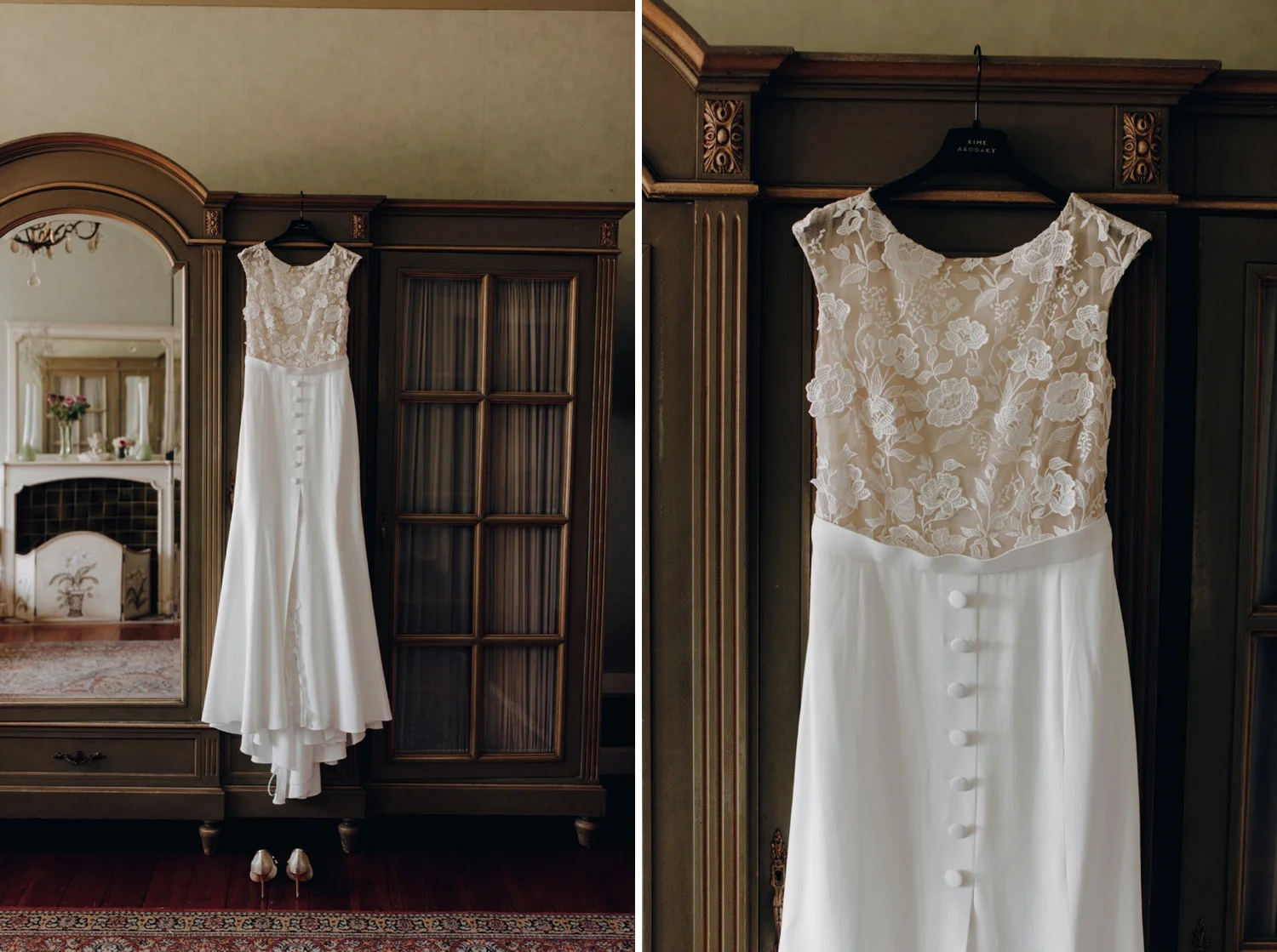 Wedding dress hanging on closet