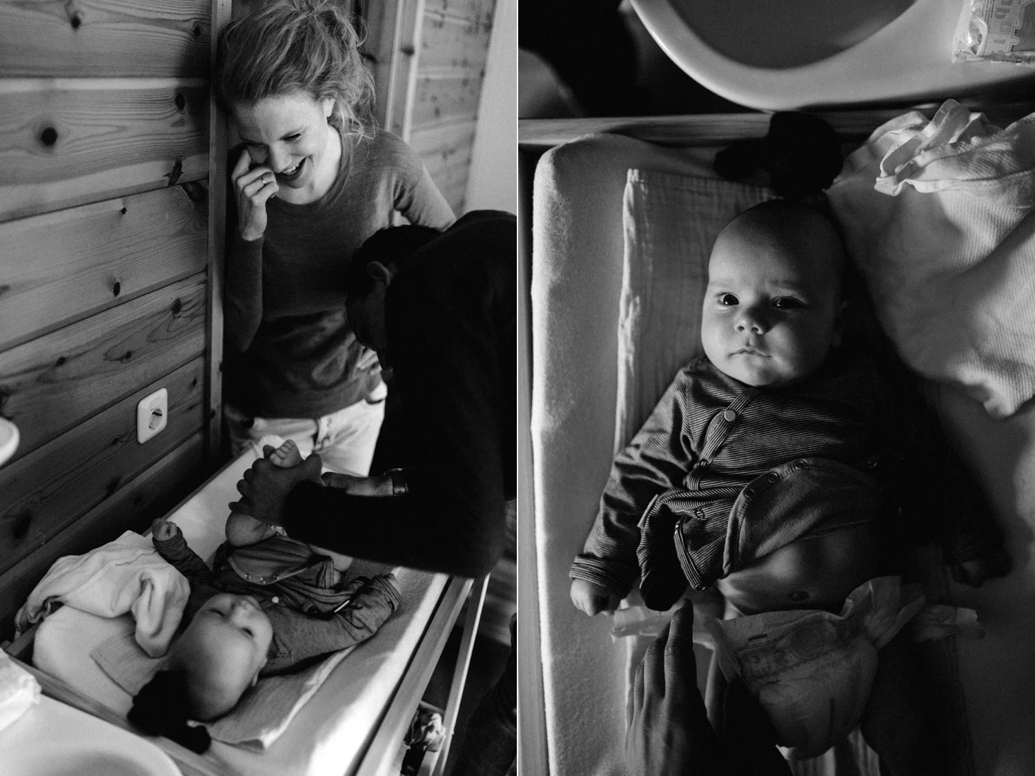 Mother watching baby on commode