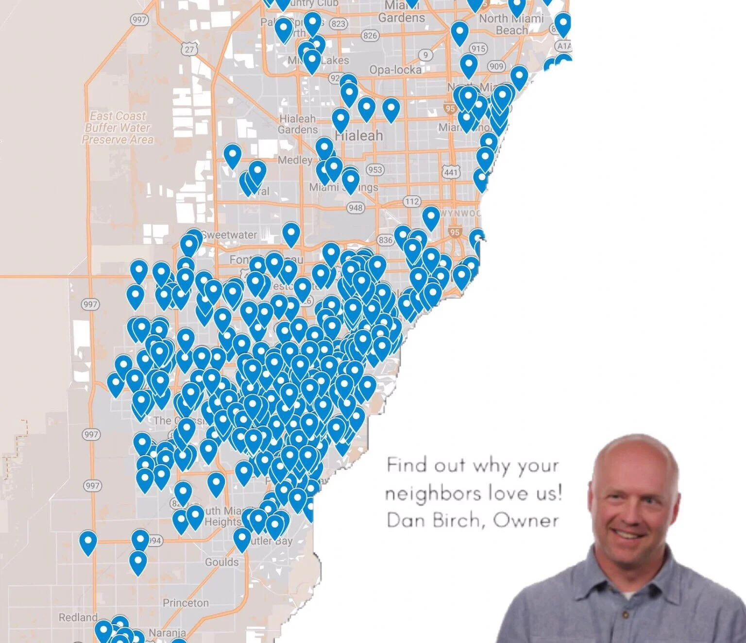 Map showing Eleet cabinetry projects throughout Miami with Dan Birch, owner