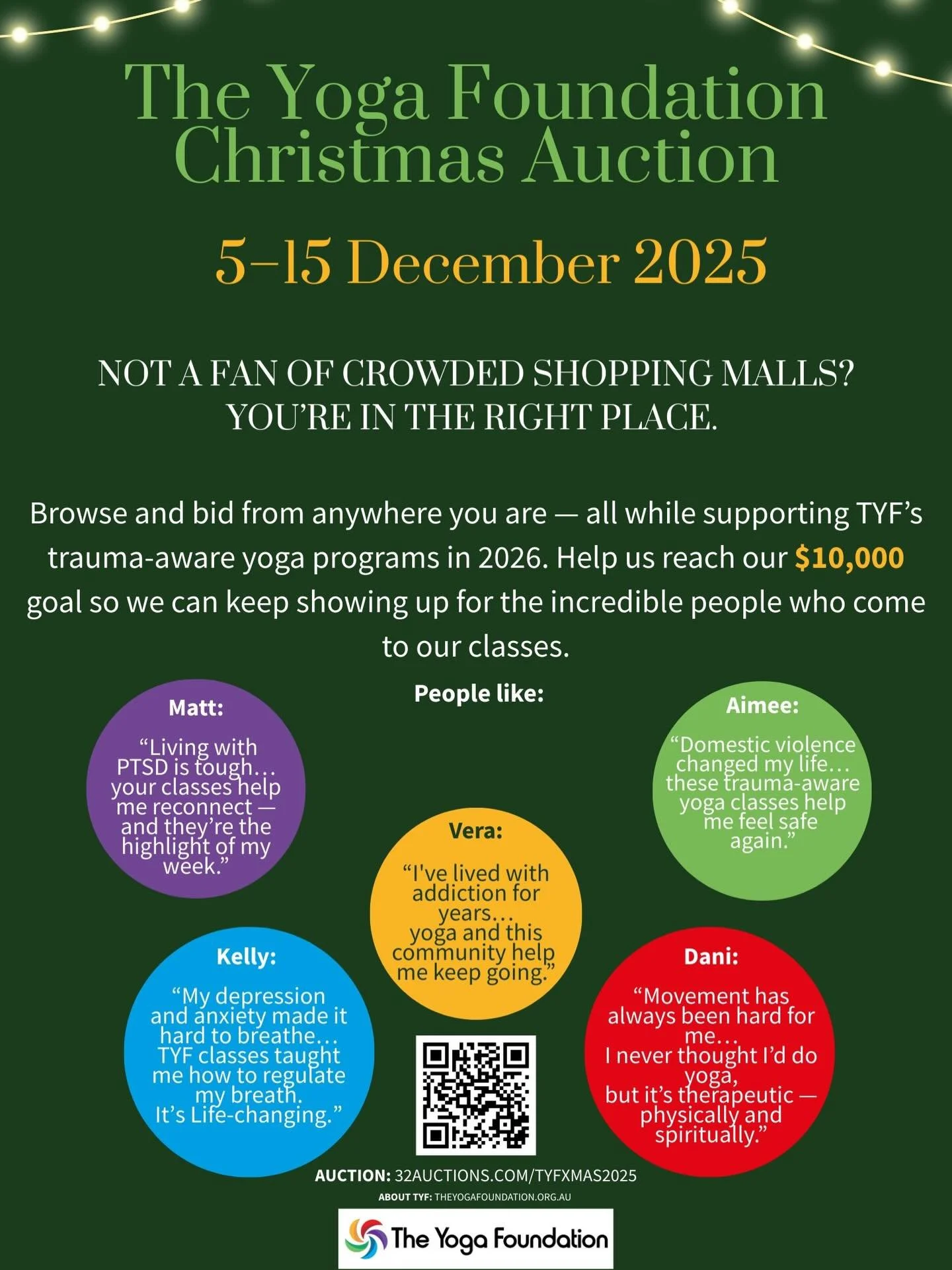 🎄 TYF Christmas Auction is LIVE!
From retreats and wellness packages to delicious cakes, beauty, art, coaching, and more &mdash; there&rsquo;s something for everyone.
All funds support our trauma-aware yoga programs in 2026.
🗓️ 5&ndash;15 December
