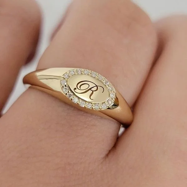 14k Oval Diamond Pave Signet Ring