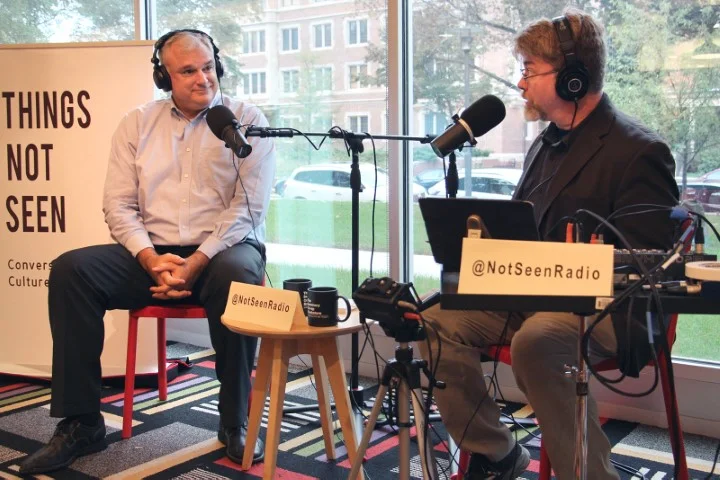 Host David Dault interviewing John Fea. Photo by Emily McFarlane Miller, Religion News Service
