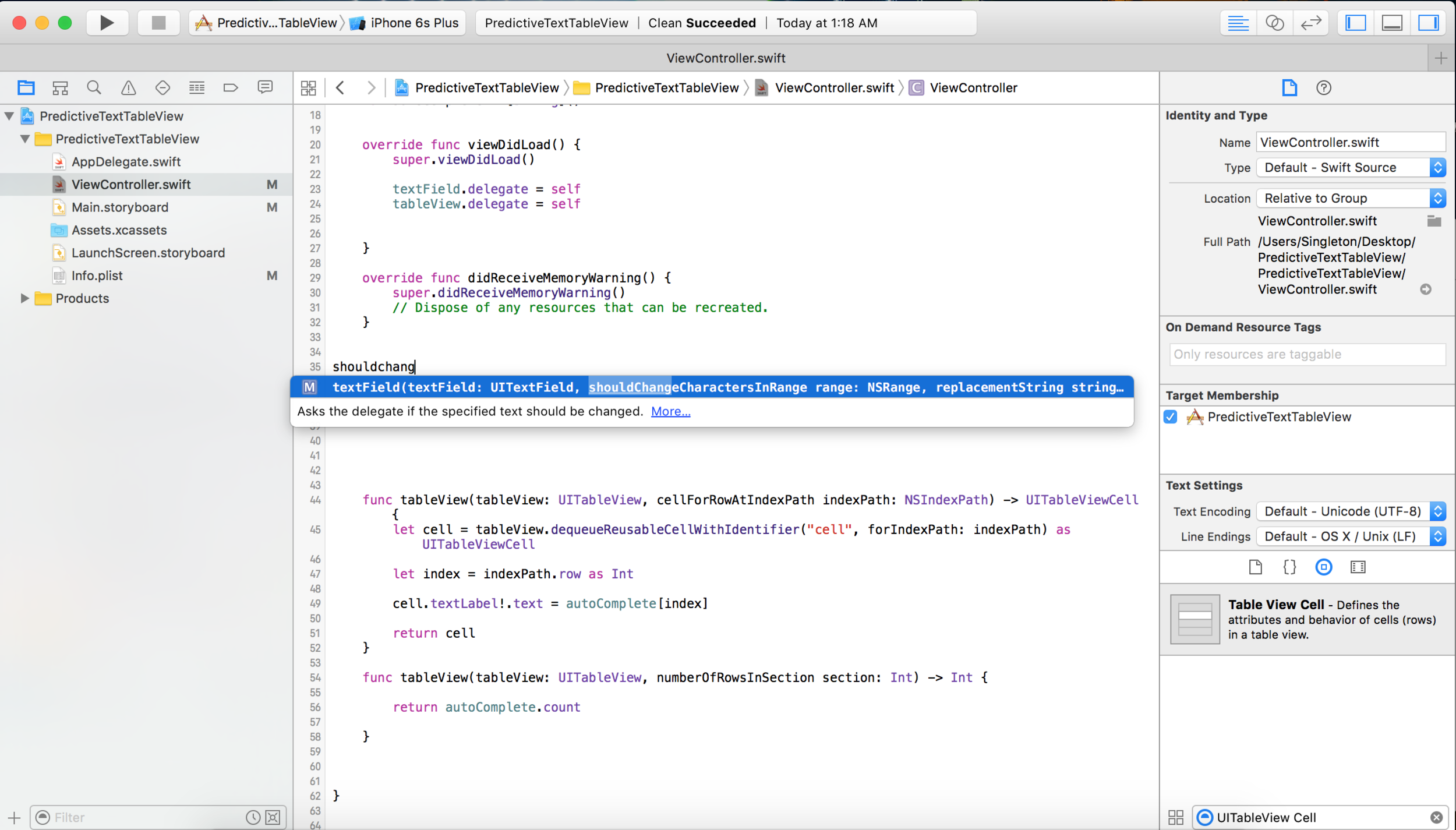 Now we will take care of the delegate method for the text field, so start typing in shouldchang...and when you see what i see hit enter to auto fill.