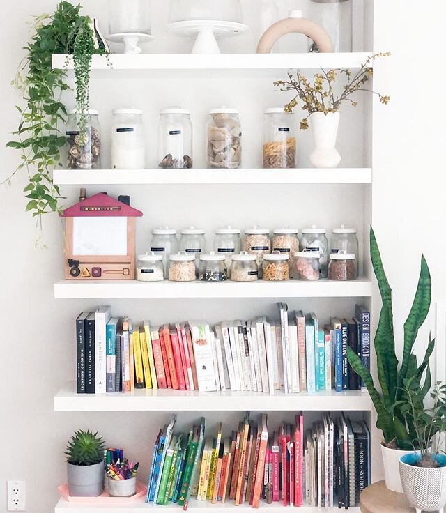 This is our bookshelf at home on a good day. We use these shelves a lot because we don&rsquo;t have a lot of pantry space so most of my dried goods are stored here, even though they are all labeled, eventually I didn&rsquo;t find them too useful beca