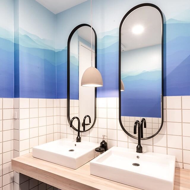 Really happy with the way all the elements came together in this bathroom I designed while at WeWork. The wallpaper is matching the clients brand, and the center concrete pendant was a decorative element to bring a little bit of texture into the spac