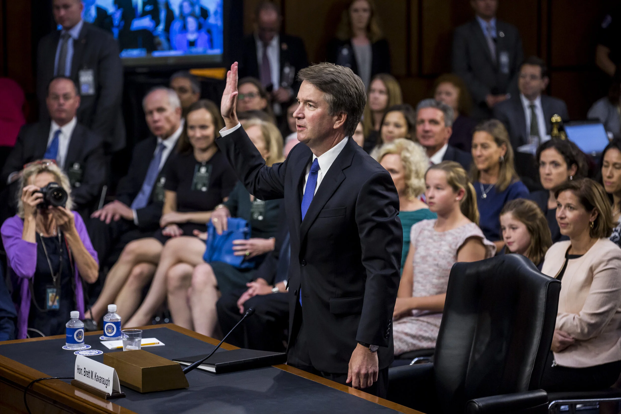  Supreme Court nominee Brett Kavanaugh is sworn in at his confirmation hearing after members of the Senate Judiciary Committee gave their opening statements on September 4th, 2018.  