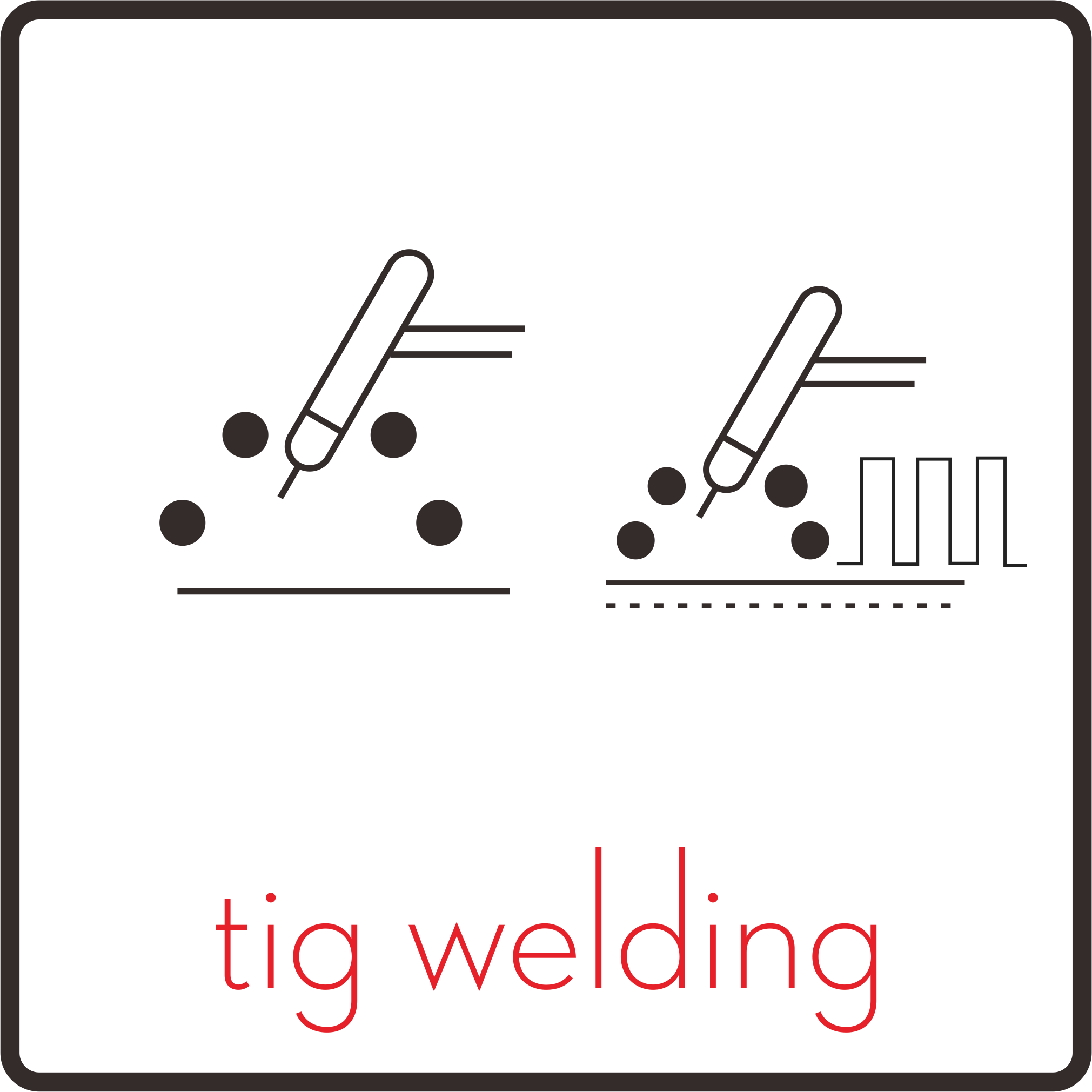 Illustration of TIG welding process showing welding torch, sparks, and metal. Text "tig welding" in red below the illustration.