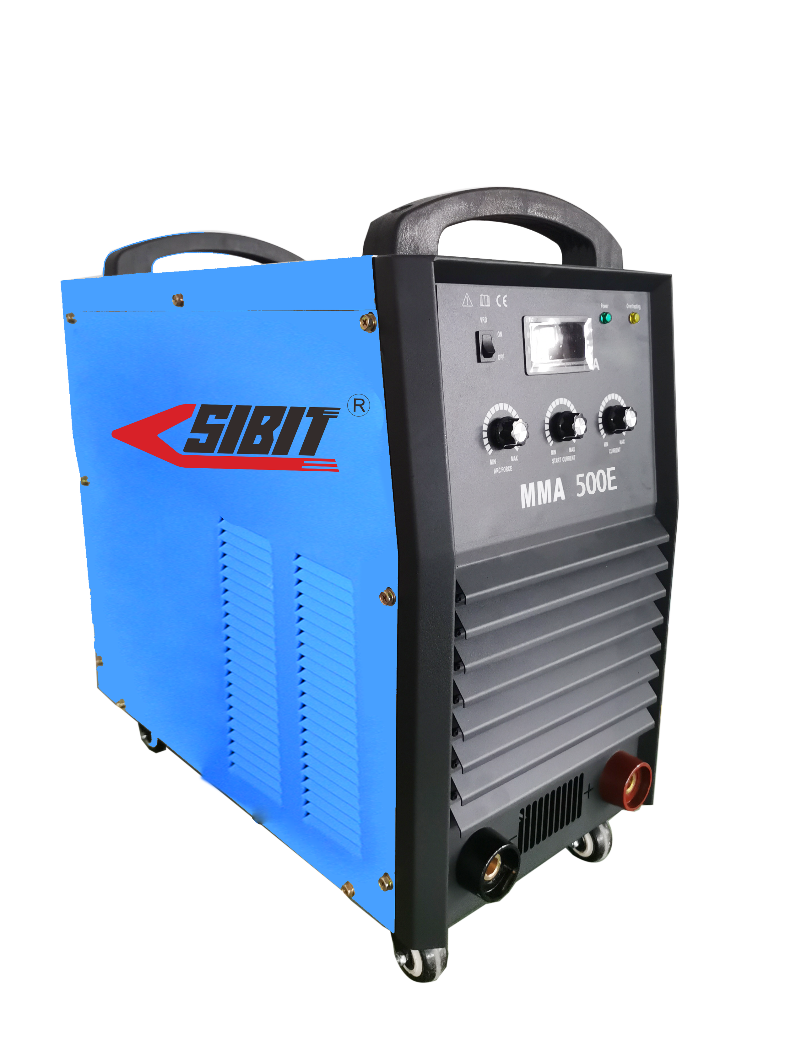 Blue and black SIBIT MMA 500E welding machine with control knobs and cables.