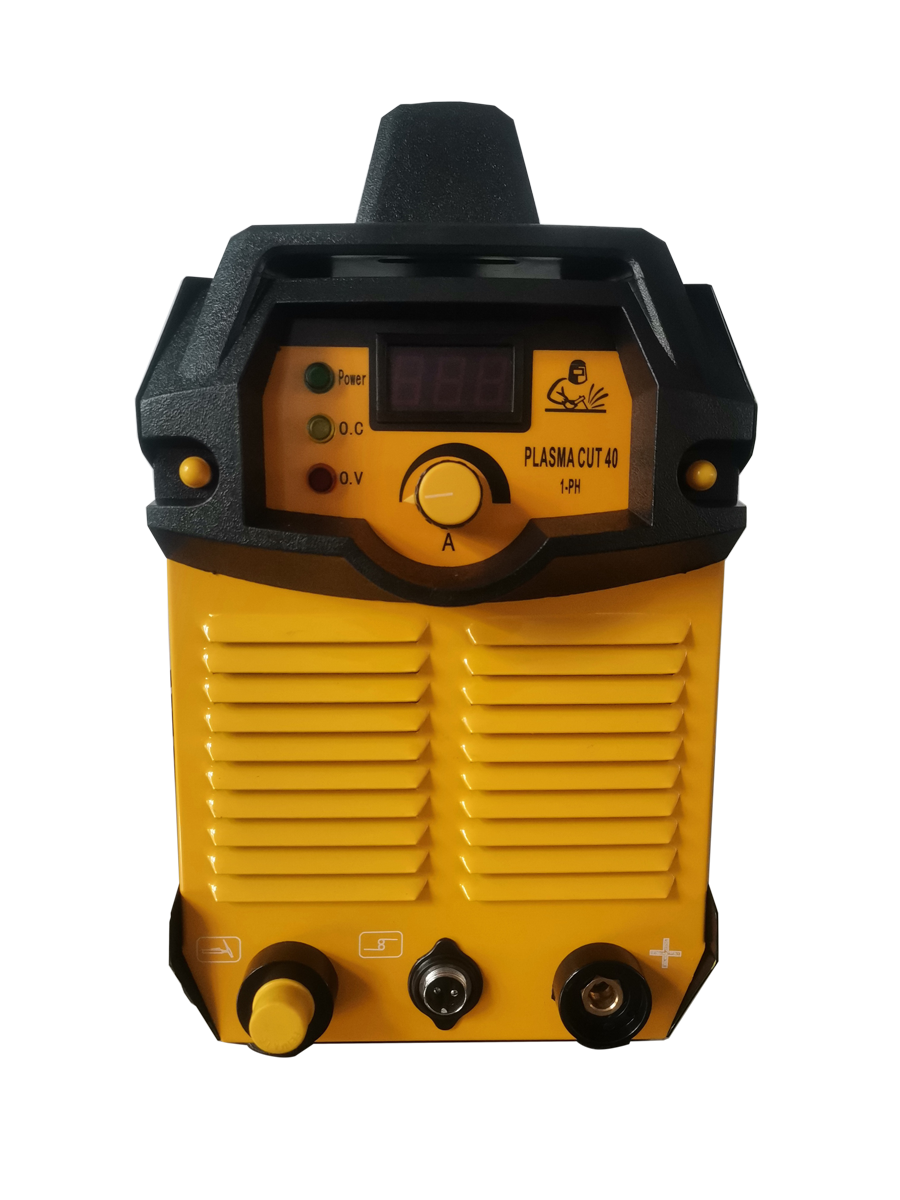 A yellow plasma cutter machine with black accents, featuring a digital display, control dial, and connection ports.
