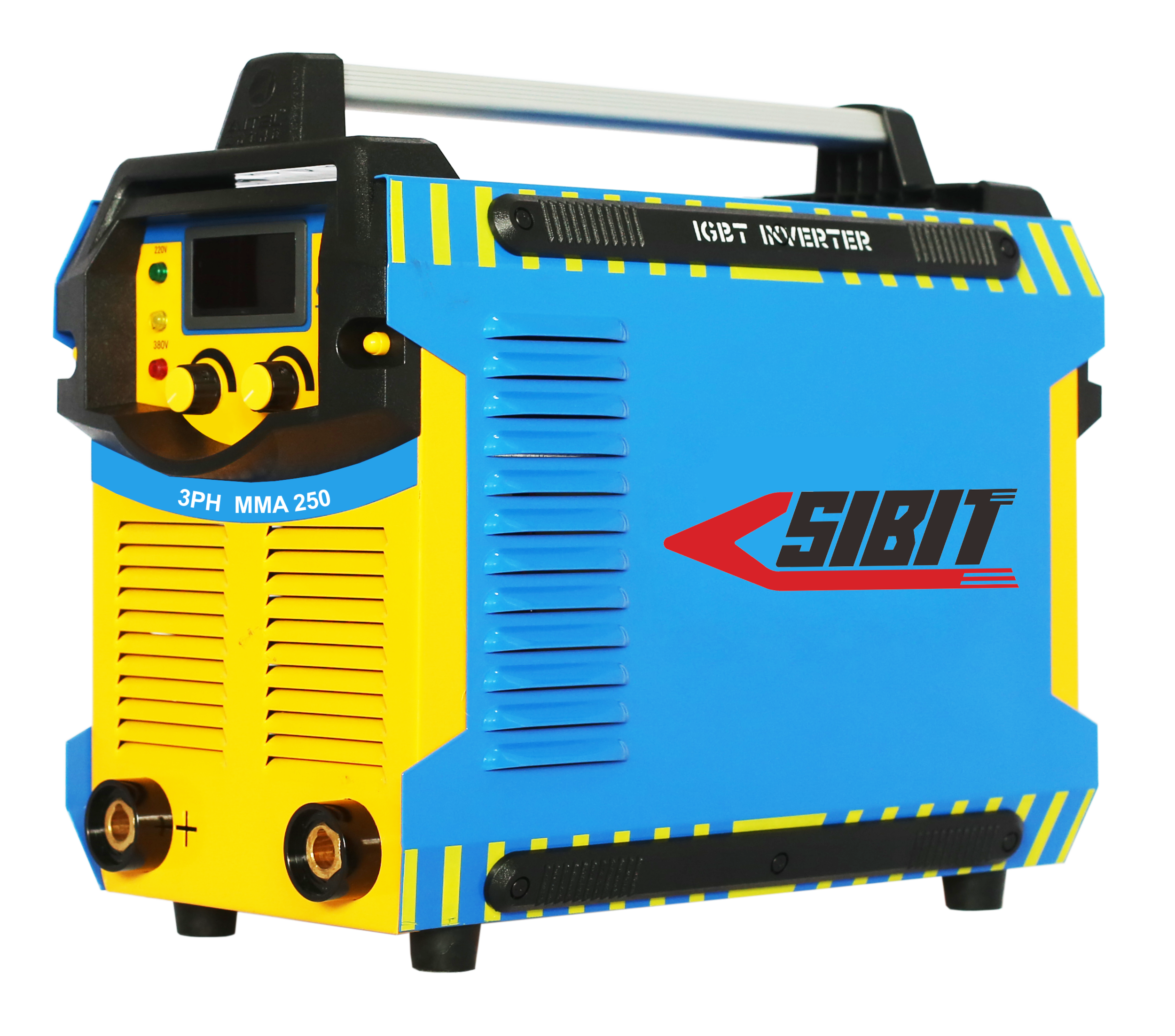 Portable welding machine in blue and yellow with SIBIT logo and control panel.