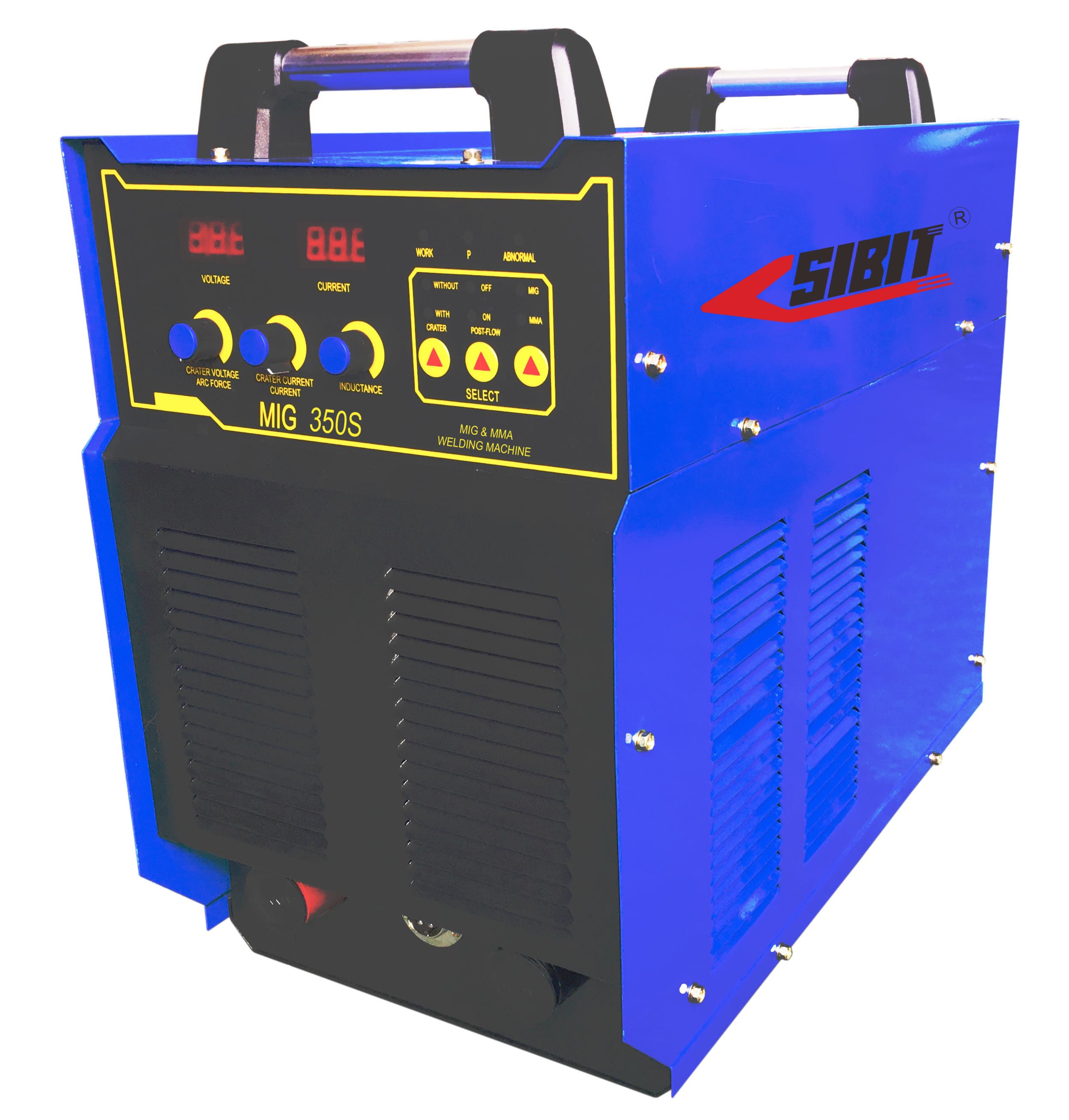 Blue industrial welding machine with control panel and vents, labeled 'SIBIT' and 'MIG 350S'.