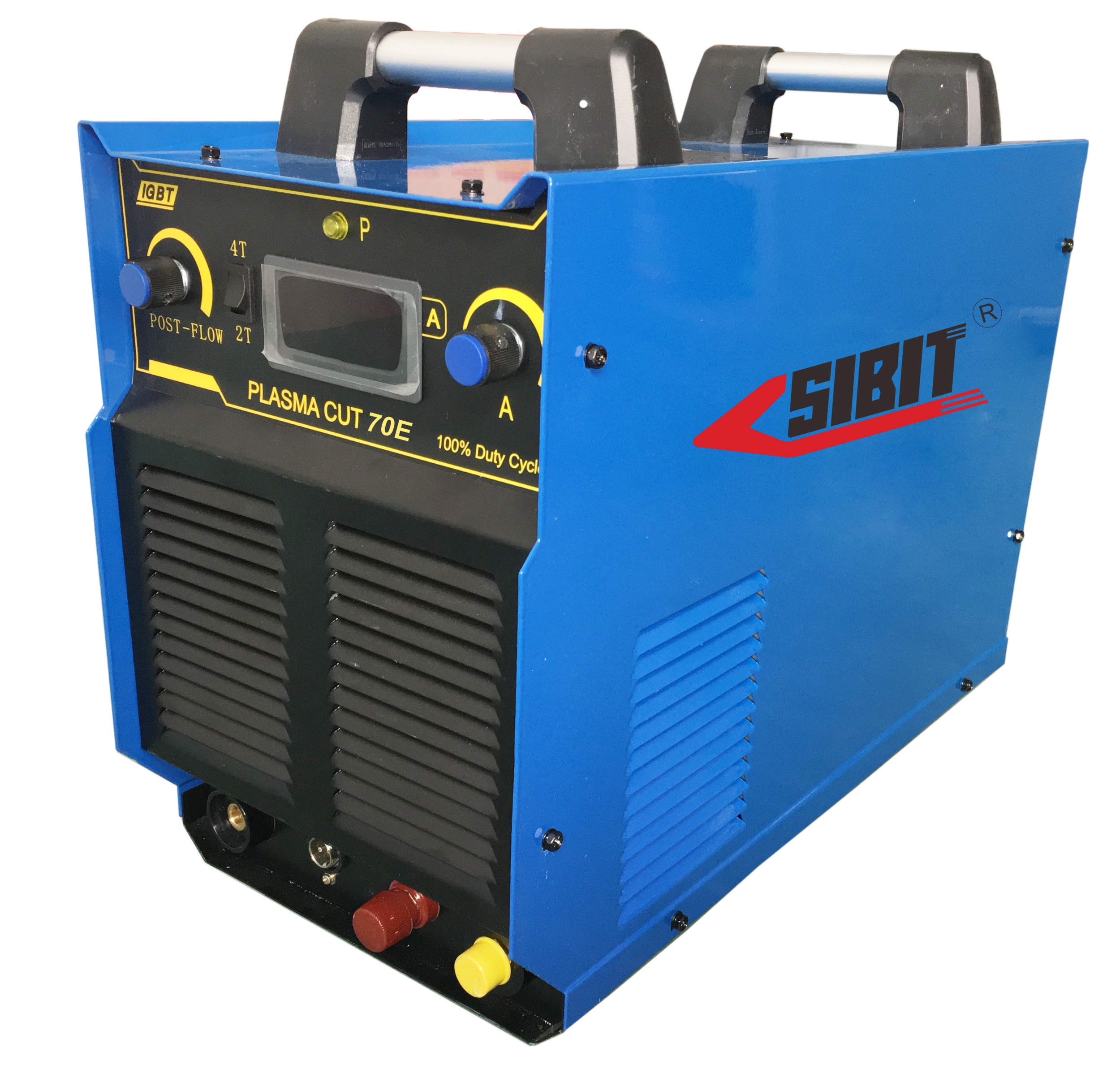 Blue plasma cutting machine with black control panel labeled "PLASMA CUT 70E" and the brand name "SIBIT" on the side.